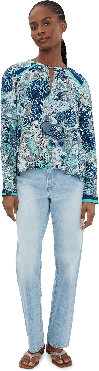 Liverpool Los Angeles Womens Petite Long Sleeve Woven Top w/Keyhole Neckline Aqua Blue Multi PM One Size