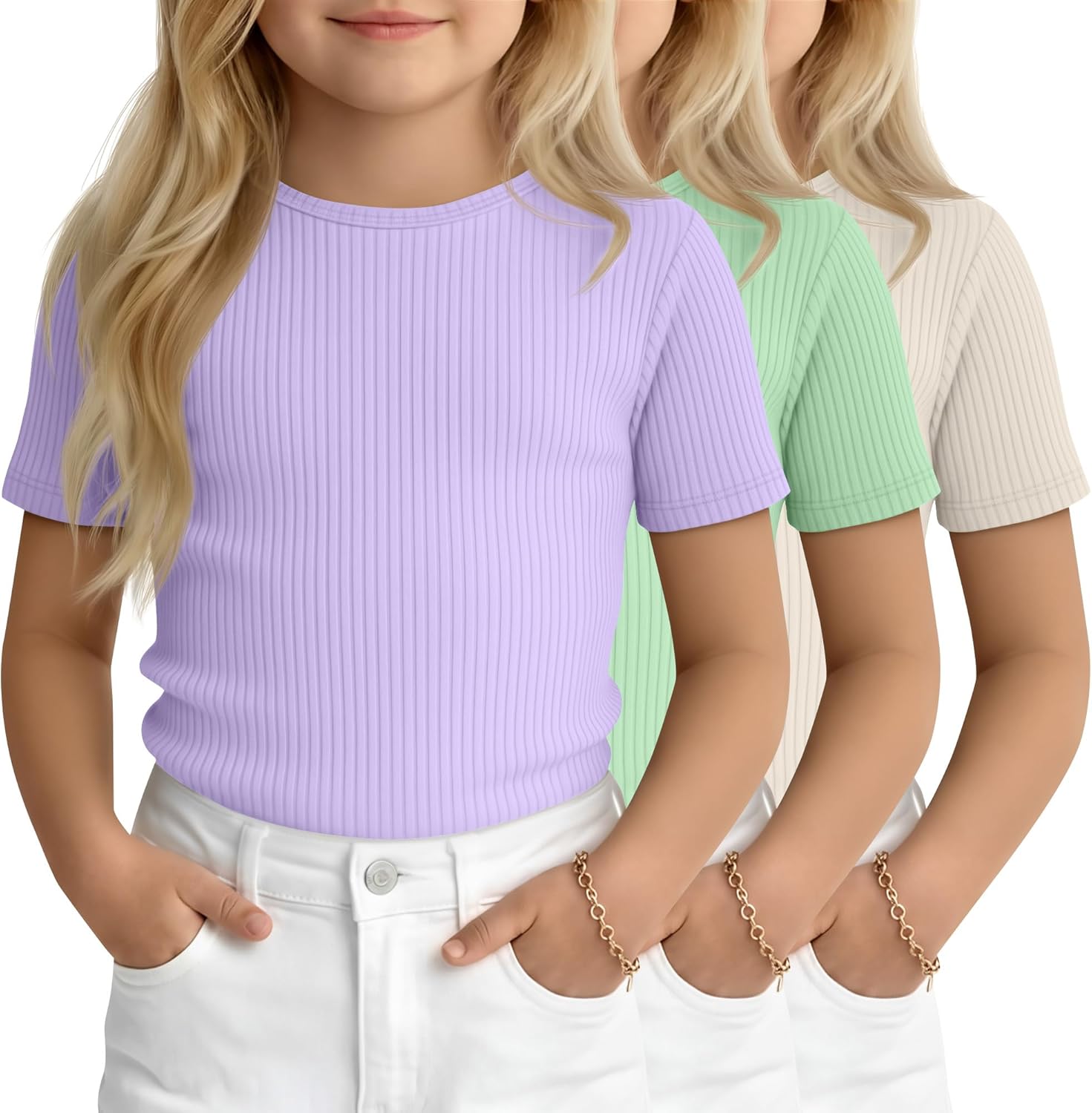 3 Pack Toddler Girls' Ribbed Shirts Short Sleeve Crew Neck T Shirts Knit Slim Fit Soft Solid Base Layer Tee 18M-5T