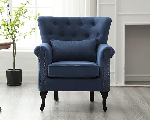 Miniatura 8 de KCC Sillón de lectura moderno de mediados de siglo, silla de club tapizada con respaldo copetudo, patas de madera de goma y almohada lumbar, color