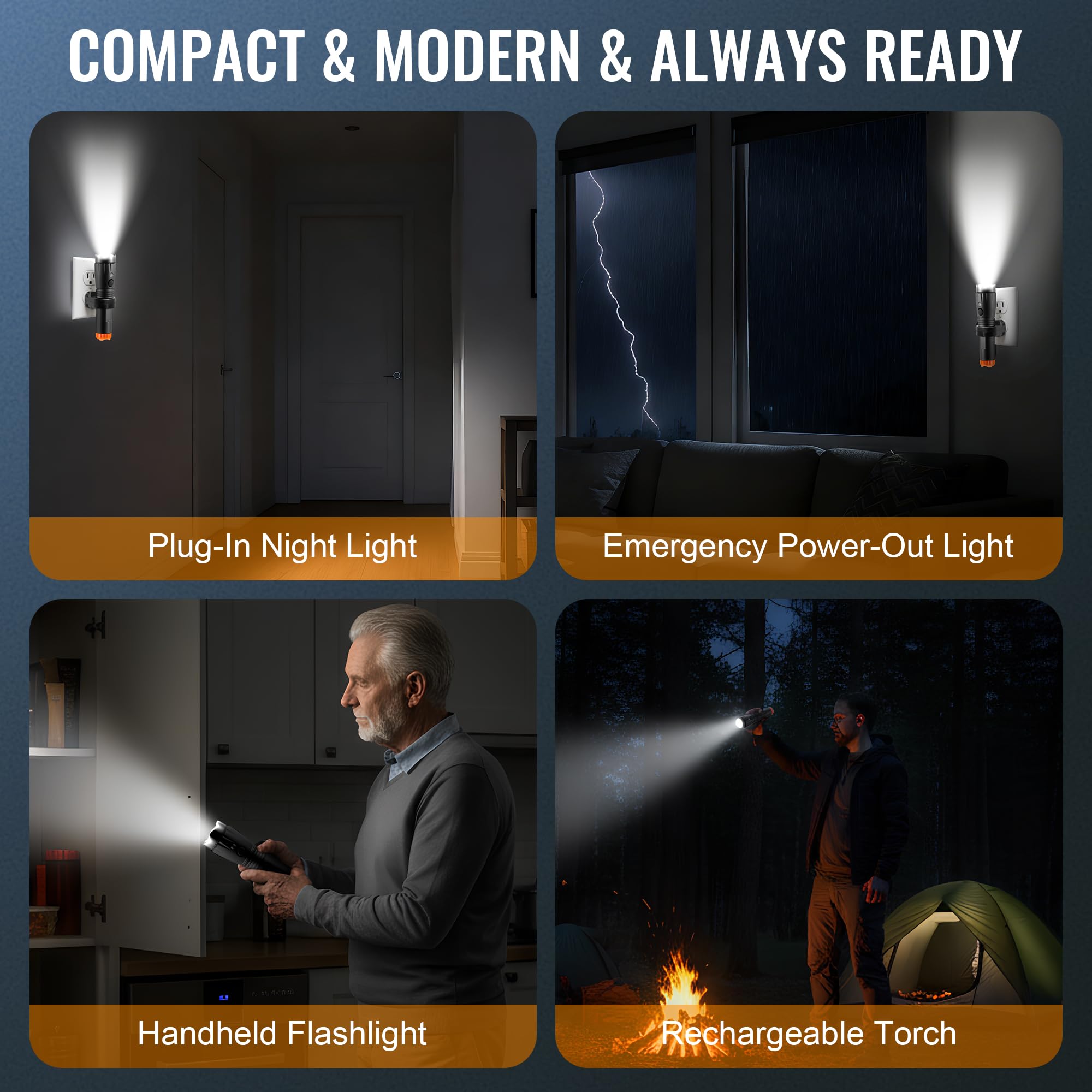 Torcia di emergenza 4 in 1 ricaricabile a LED con sensore di movimento per interruzioni di corrente, luce di sicurezza domestica portatile da lavoro, torcia rimovibile per campeggio e uso