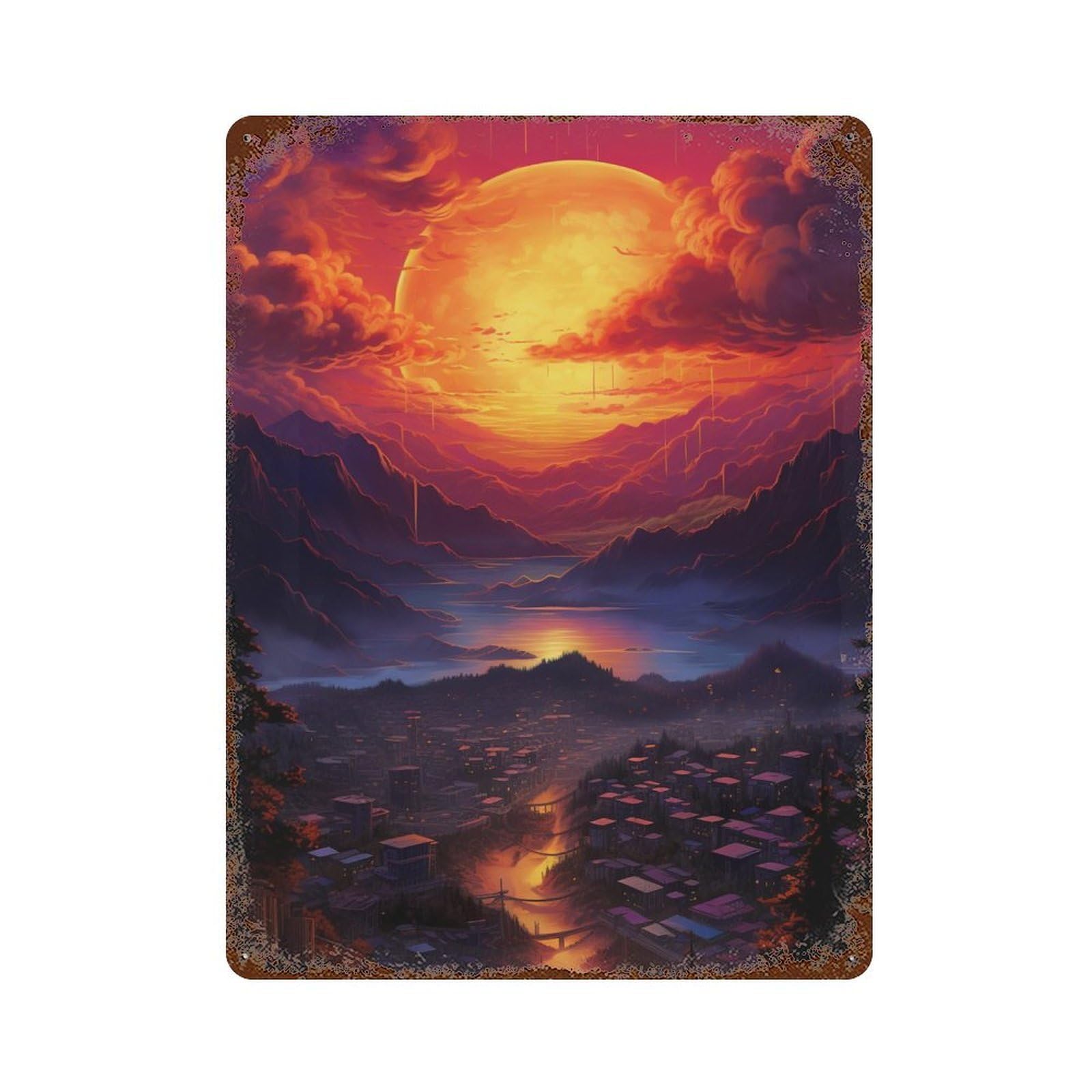 Distressed Metal Wall Sign with Fantasy Sunset Cityscape Design 15.7"x11.8", for Cafe, Home Bar And Lounge Decor, Retro Wall Decor