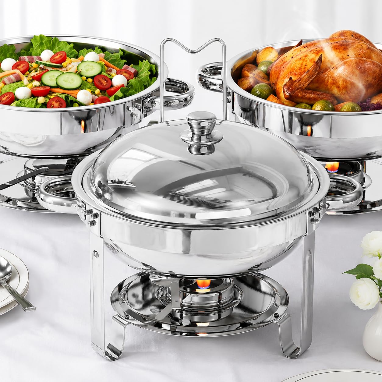 TLGREEN 5L Platos De Cocina Redondos, Calentador Buffet, Marco de Soporte Grueso, Calentadores para Catering, Bodas, Cenas, Buffets, Fiestas Navideñas y Colegios.