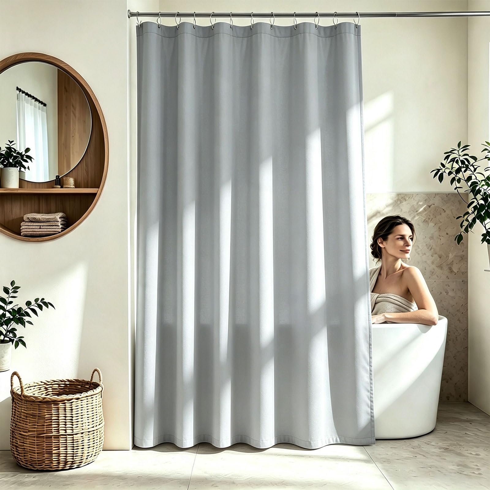 Tenda da Doccia 140 x 150 cm Tessuto Lavabile Impermeabile Poliestere Tende per Doccia con Anelli, Asciugatura Rapida per Bagno, Vasca da Bagno, Grigio Chiaro