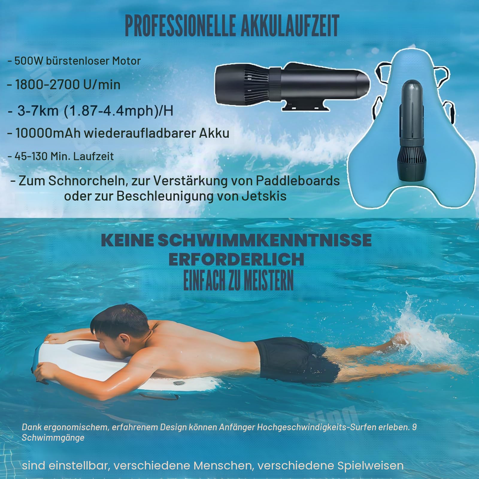 2-in-1 Unterwasser-Scooter + Bodyboard-Kit: bürstenloser 500-W-Druckstrahler, 3-7 km Geschwindigkeit, 9 Gänge, 360°-Griff – Ultimate Family Water Adventure 2025, NoScooter