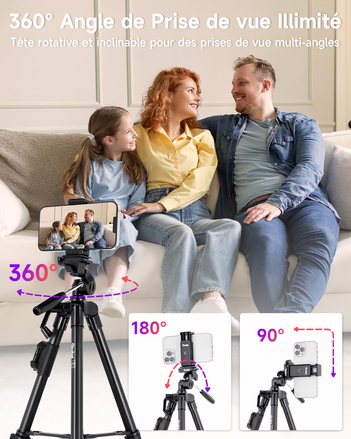 Rollei Trepied Smartphone Traveler, Trépied Telephone Portable avec Telecommande Bluetooth Android & iOS 120cm Tripod pour Téléphone Léger Noir avec Support Smartphone pour iPhone Huawei Samsung