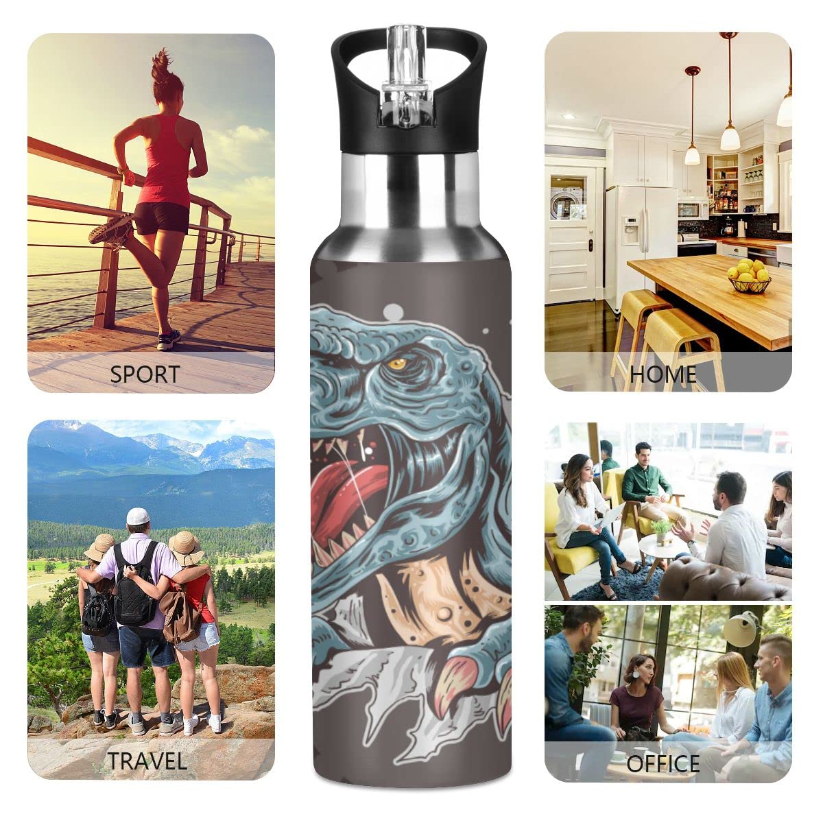 Edelstahl Wasserflasche mit Strohhalm, T-rex Dinosaurier Isolierte Trinkflasche Sport Wasserflasche für Kinder Erwachsene, auslaufsicher, 1L