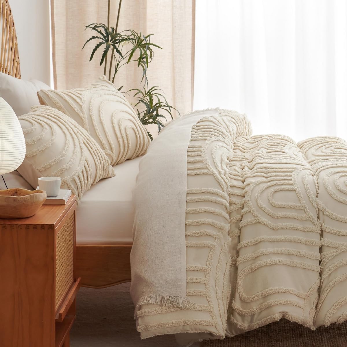 Lanqinglv Boho Bettwäsche 220x240 Beige Getuftet Exquisite Stickerei | ÖKO-TEX Zertifiziert,Geometrisch Chic,für Allergiker,Aesthetic Bettbezug mit Reißverschluss und 2 Kissenbezug 80x80 cm