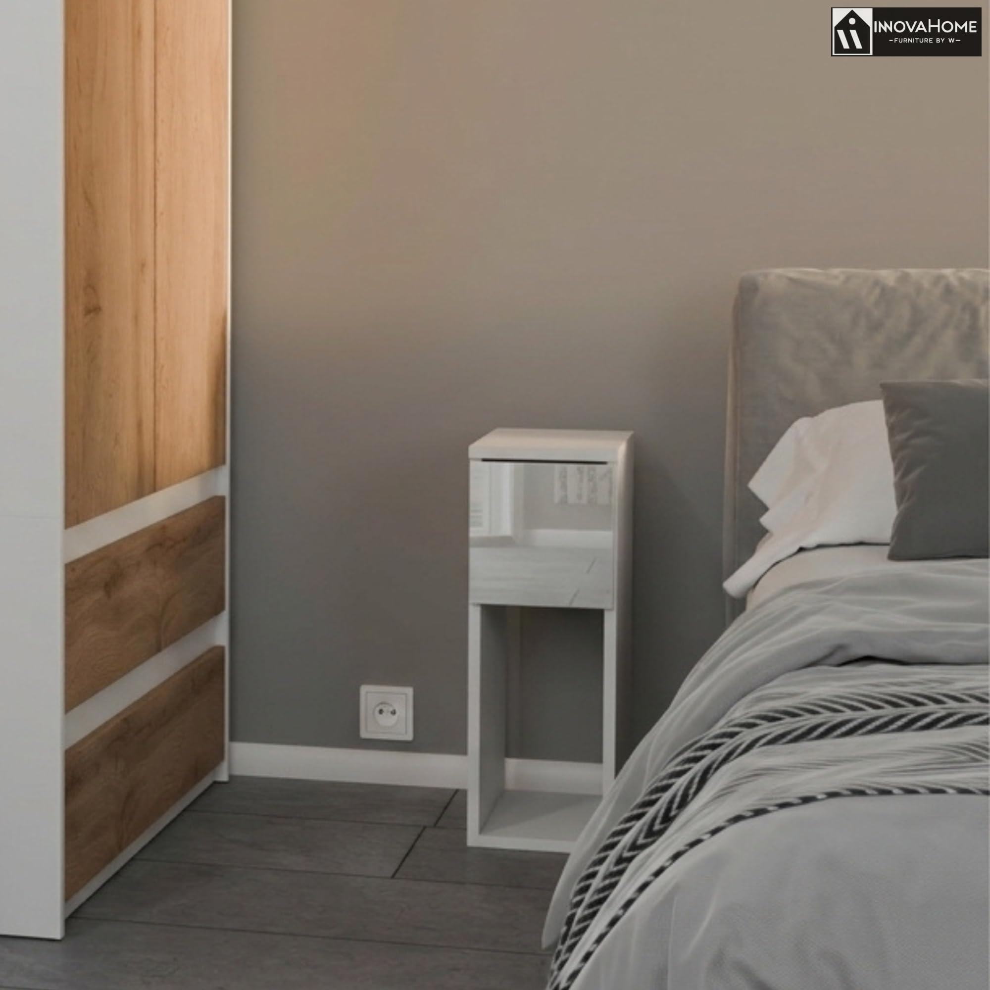 INNOVAHOME Nachttisch Schmal, Weiß Hochglanz, 20cm | Platzsparend, Tiefe 25cm Schublade, Beistelltisch für kleine Räume, Made in EU
