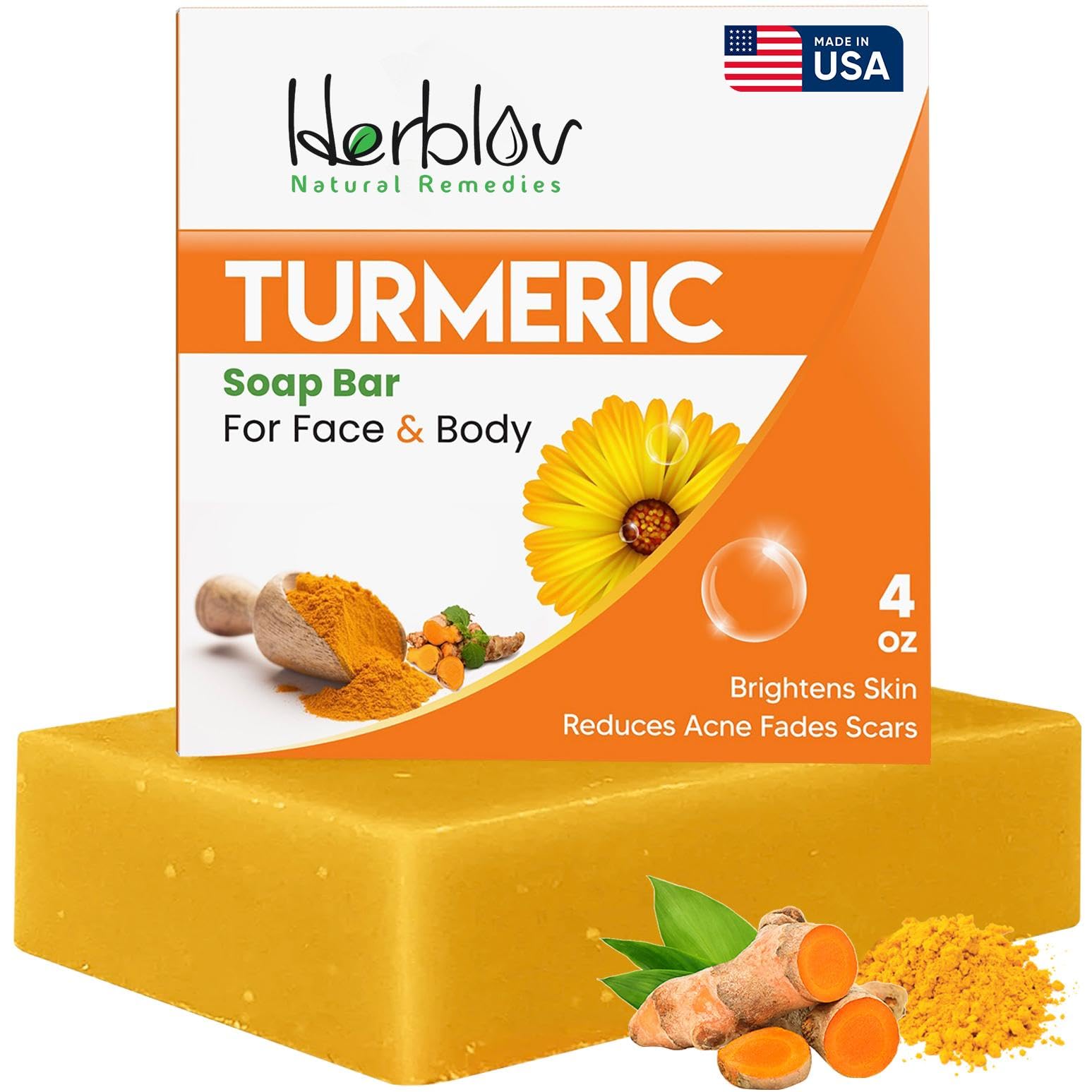 Herblov Turmeric Soap Bar for Face & Body – Natural Turmeric Skin Brightening Soap for Dark Spots, Intimate Areas, Underarms – Face Wash Reduces Acne, Fades Scars & Cleanses Skin – 4oz, Made in USA
