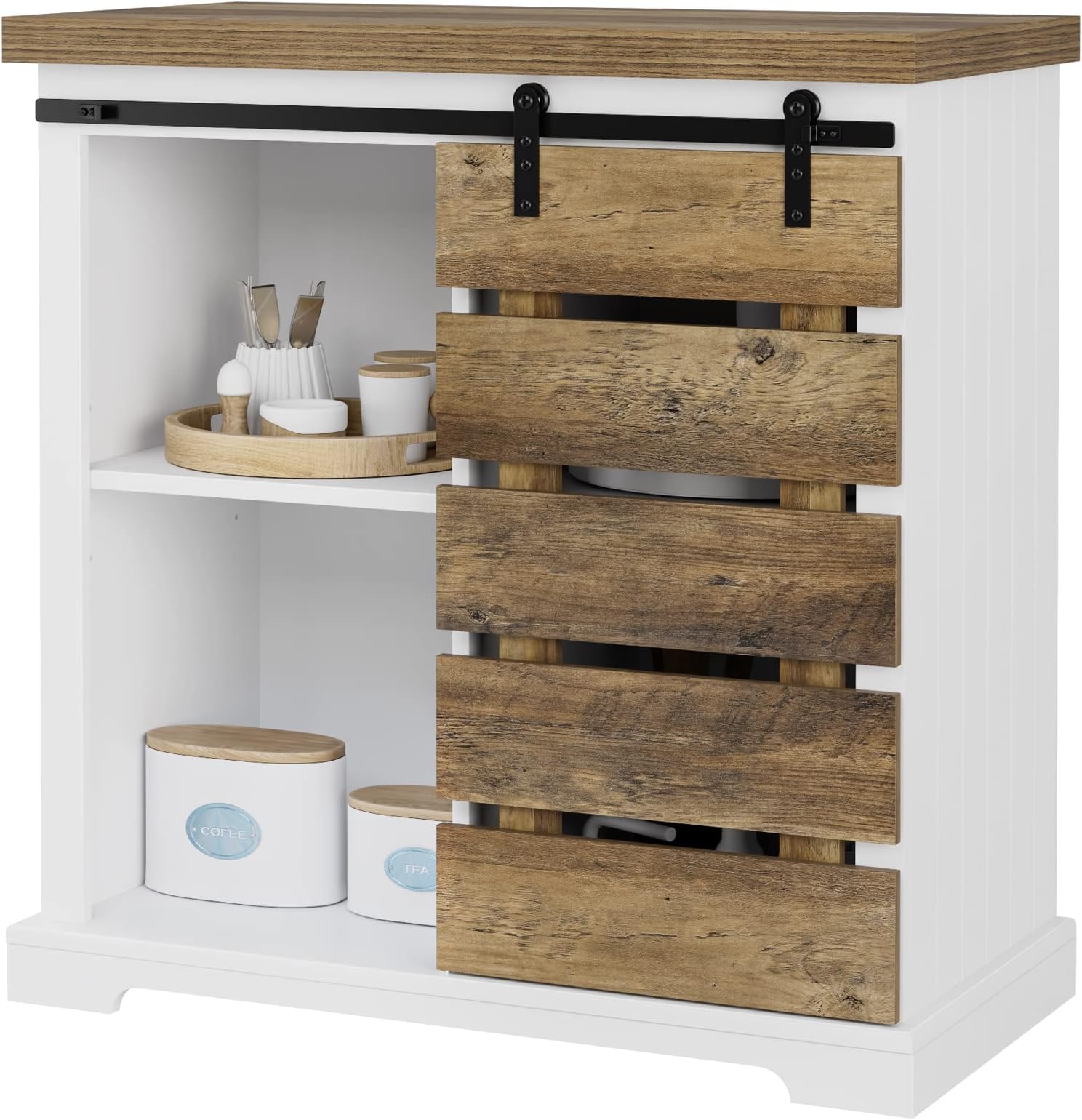 HOCSOK Kitchen Sideboard, Storage Cabinet with Sliding Barn Door and Adjustable Shelf, Wooden Cupboard for Dining Living Room Hallway, White and Rustic Brown
