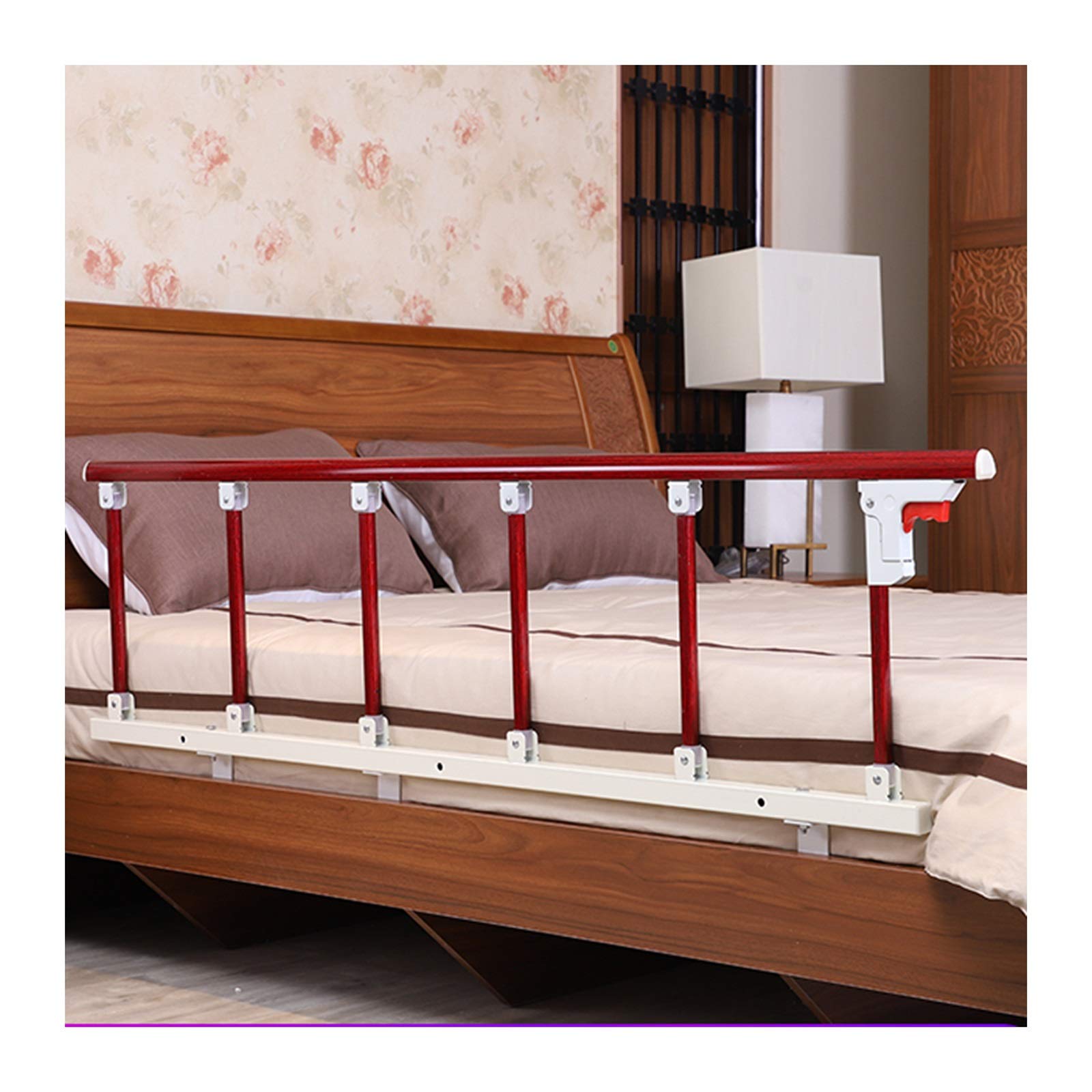 Barrière de lit latérale pliable en métal et bois rouge pour sécuriser les adultes et seniors