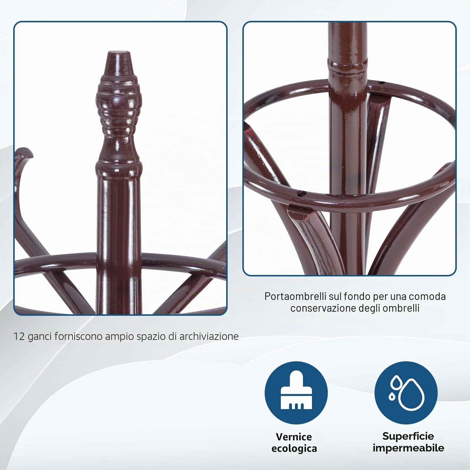 GIANTEX Appendiabiti da 184 cm, Scaffale per Abiti e Cappelli, Appendiabiti in Legno con 12 Ganci, Supporto per Ombrellone, Portabiti Autoportante, per Ingresso, Ufficio, Soggiorno (Marrone)