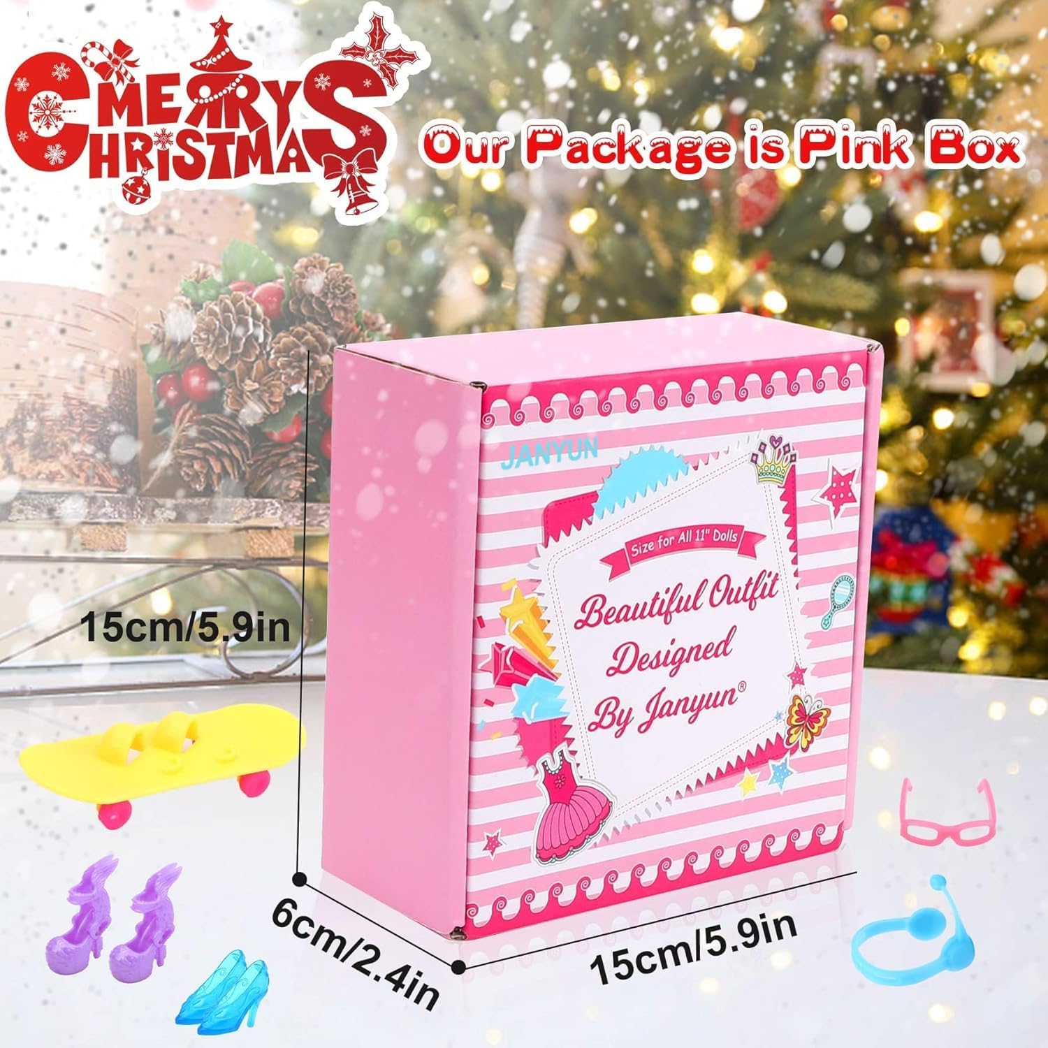 JANYUN Dresses Accessories, 6 Styles Christmas Doll Clothes with 6 Pcs Xmas Hats Party Gown Outfits Set for Doll and 98pcs Girl Dolls Shoes Necklace Bags Hanger Tableware Mirror