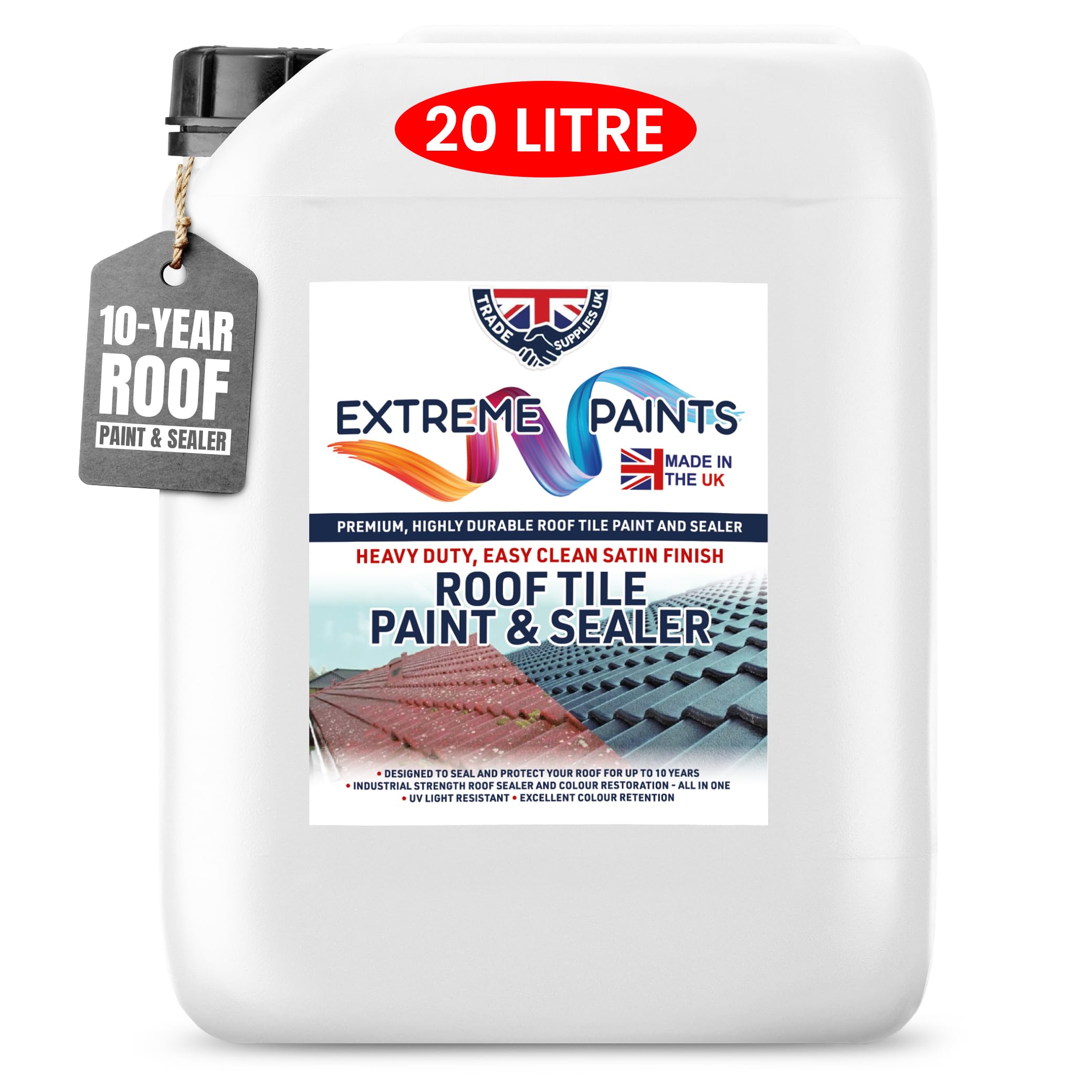TRADE SUPPLIES UK - Extreme Roof Tile Paint & Sealer - Durable Acrylic Formula, Restores, Protects, Seals Roof Tiles, UV Resistant - BLACK, 20L
