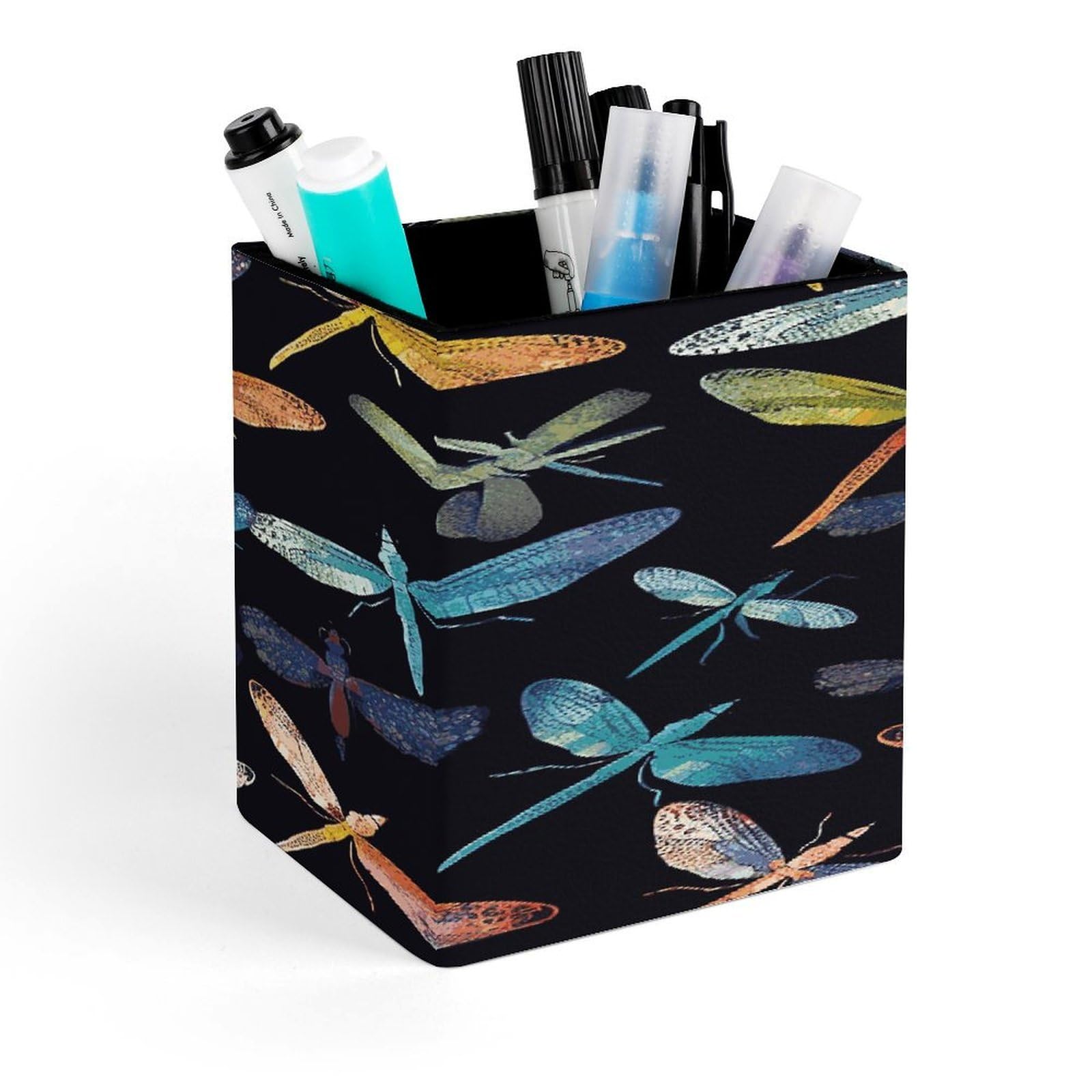 JTREHY Colorful Dragonfly Pen Holder Square Pen Pencil Holder Makeup Brush Holders Cup PU Leather Pencil Cups Desktop Caddy Stationery Organizer Case Office Accessories Container Box