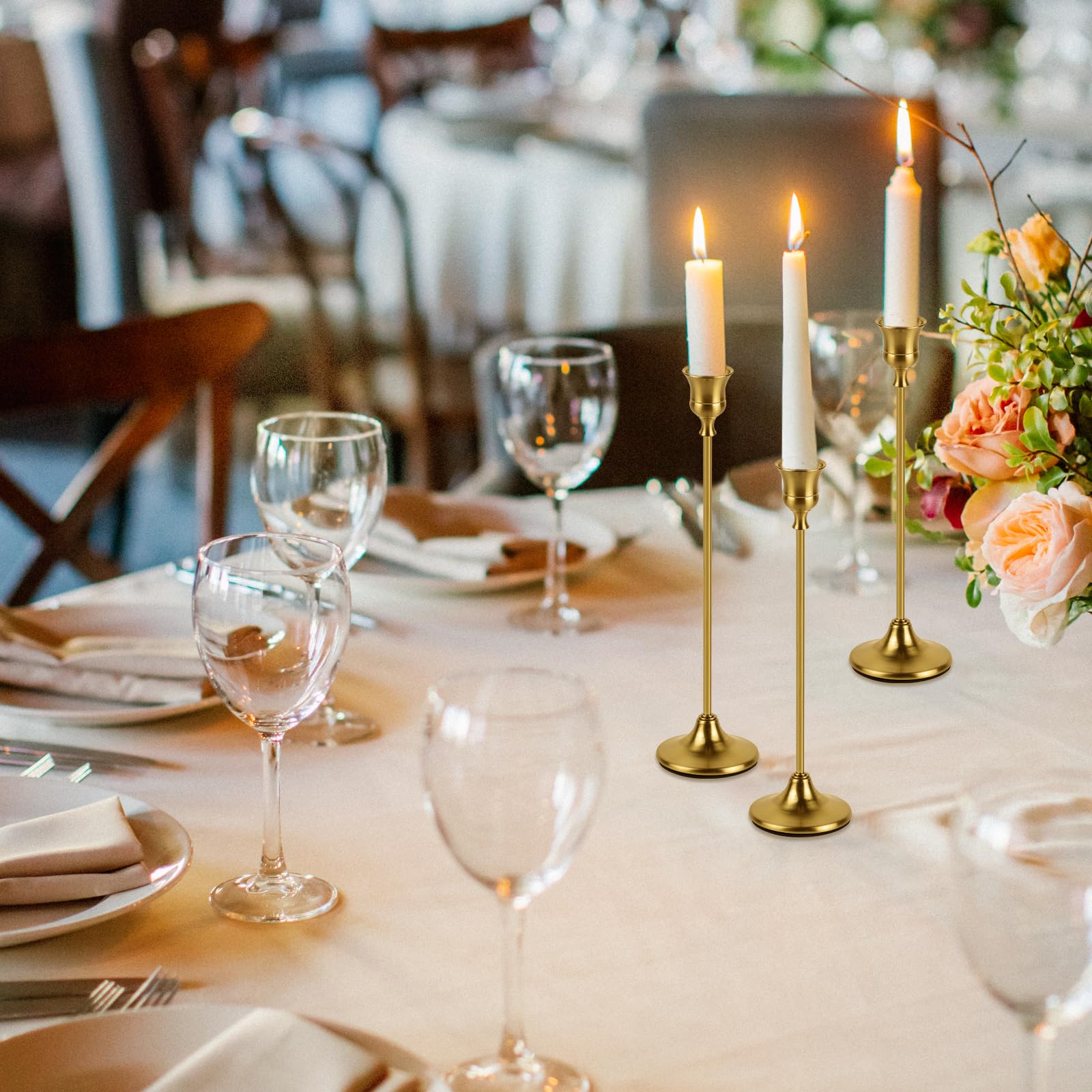 AUMAYCO Brass Gold Candlestick Holders Set of 3, Metal Taper Candle Holders, Classic Decorative Candle Stick for Christmas, Wedding, Party, Dinner Tables,Home Décor