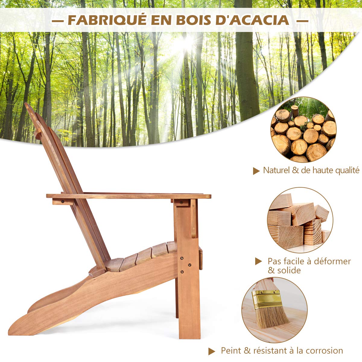 GOPLUS Fauteuil Jardin Exterieur avec Dossier Incurvé, FSC 100%,Fauteuil Adirondack en Bois Massif, Chaise Adirondack, Charge 180 kg, Idéal pour Jardin, Terrasse, Piscine (69x88x103CM,Naturel,1)