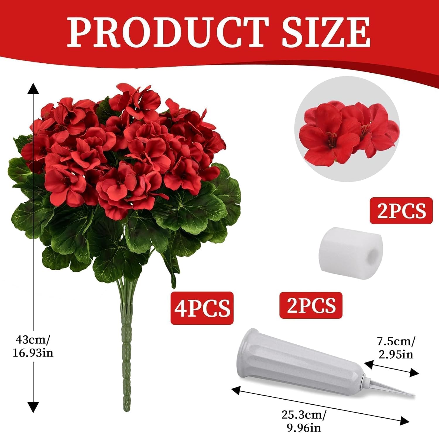 2 Sets Cemetery Flowers for Grave Silk Artificial Geraniums Bouquet with Grave Vase - Artificial Flowers for Cemetery 17" Red Grave Flowers for Cemetery Memorial Flowers Gravesite Decorations