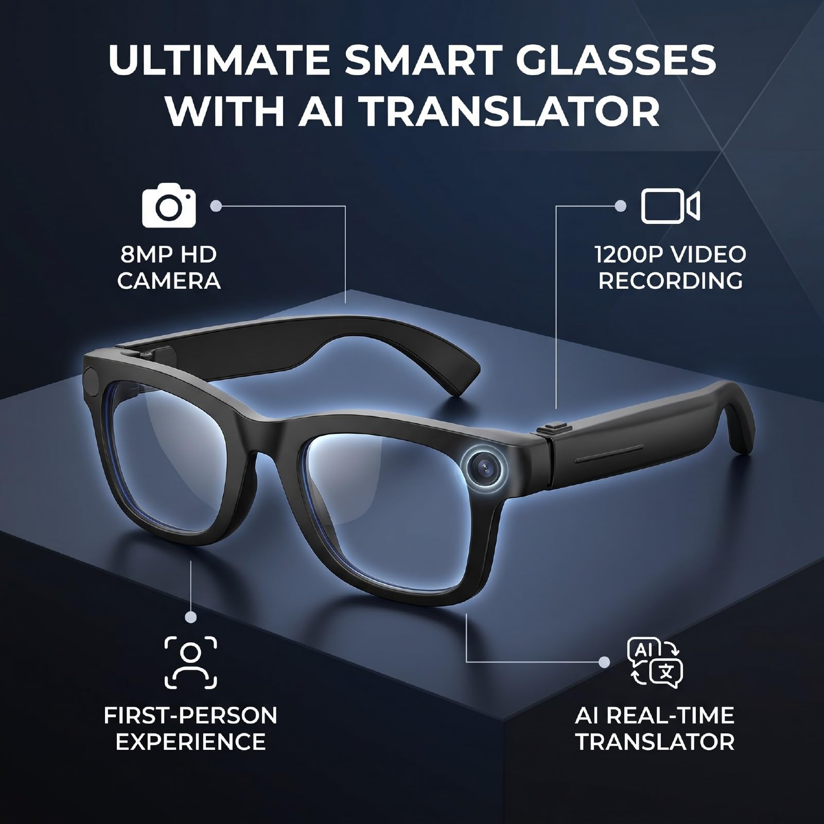 Occhiali Intelligenti AI con Fotocamera, Obiettivo HD da 8 MP Video 1080P Foto da 32 MP, Bluetooth 6.0 Traduzione in Tempo Reale 139 Lingue, ChatGPT, per Viaggi D'affari