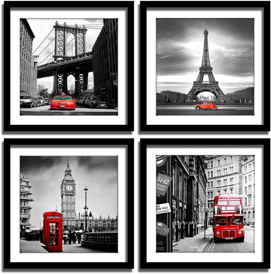 ENGLANT 4 Pieces Framed Canvas Wall Art, Black White and Red Wall Decor Landscape Poster with Eiffel Tower, Brooklyn Bridge, London Big Ben Picture for Bedroom and Bathroom