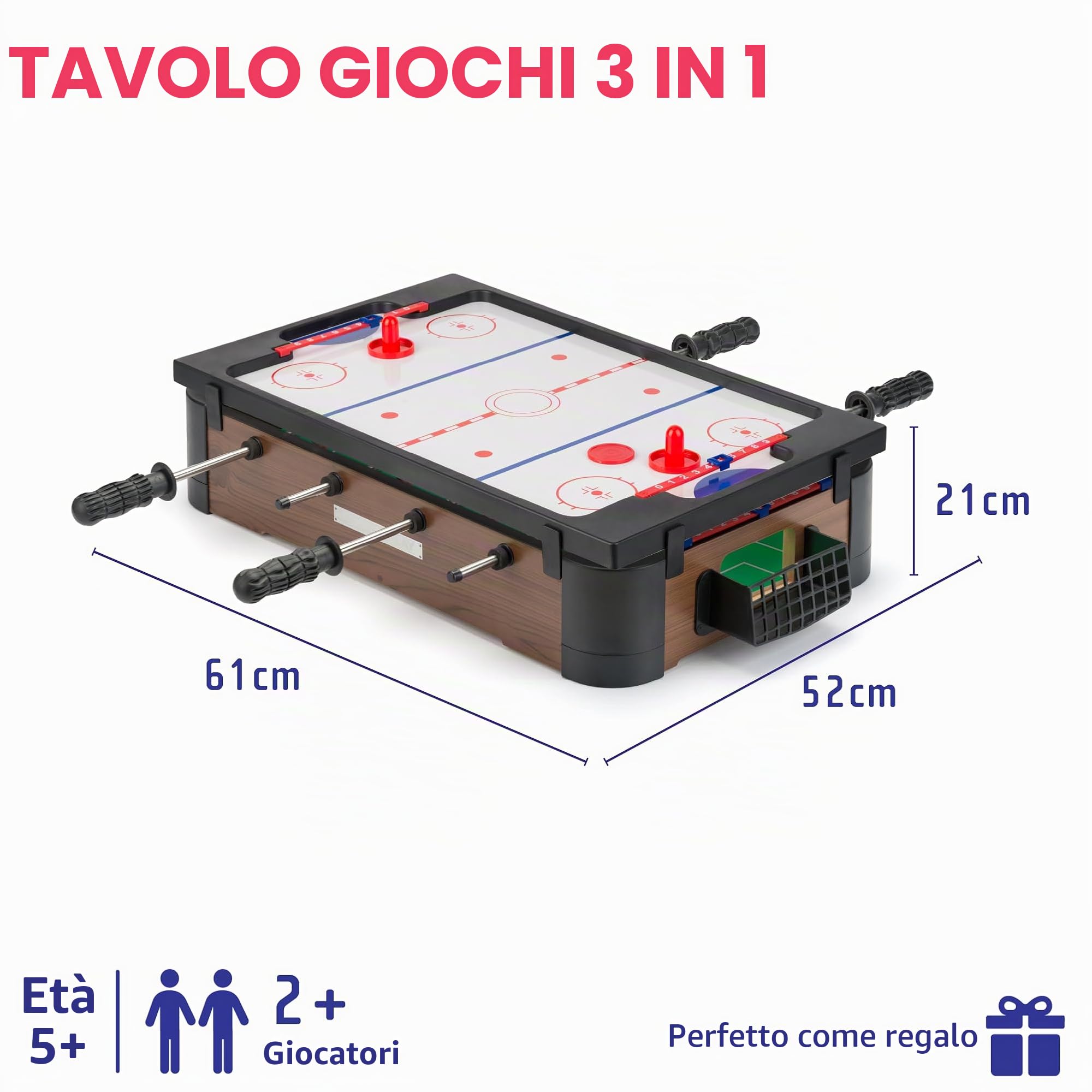 PowerPlay Giochi da tavolo 3 in 1, set da tavolo multi gioco, mini calcio, hockey e ping pong, taglia unica