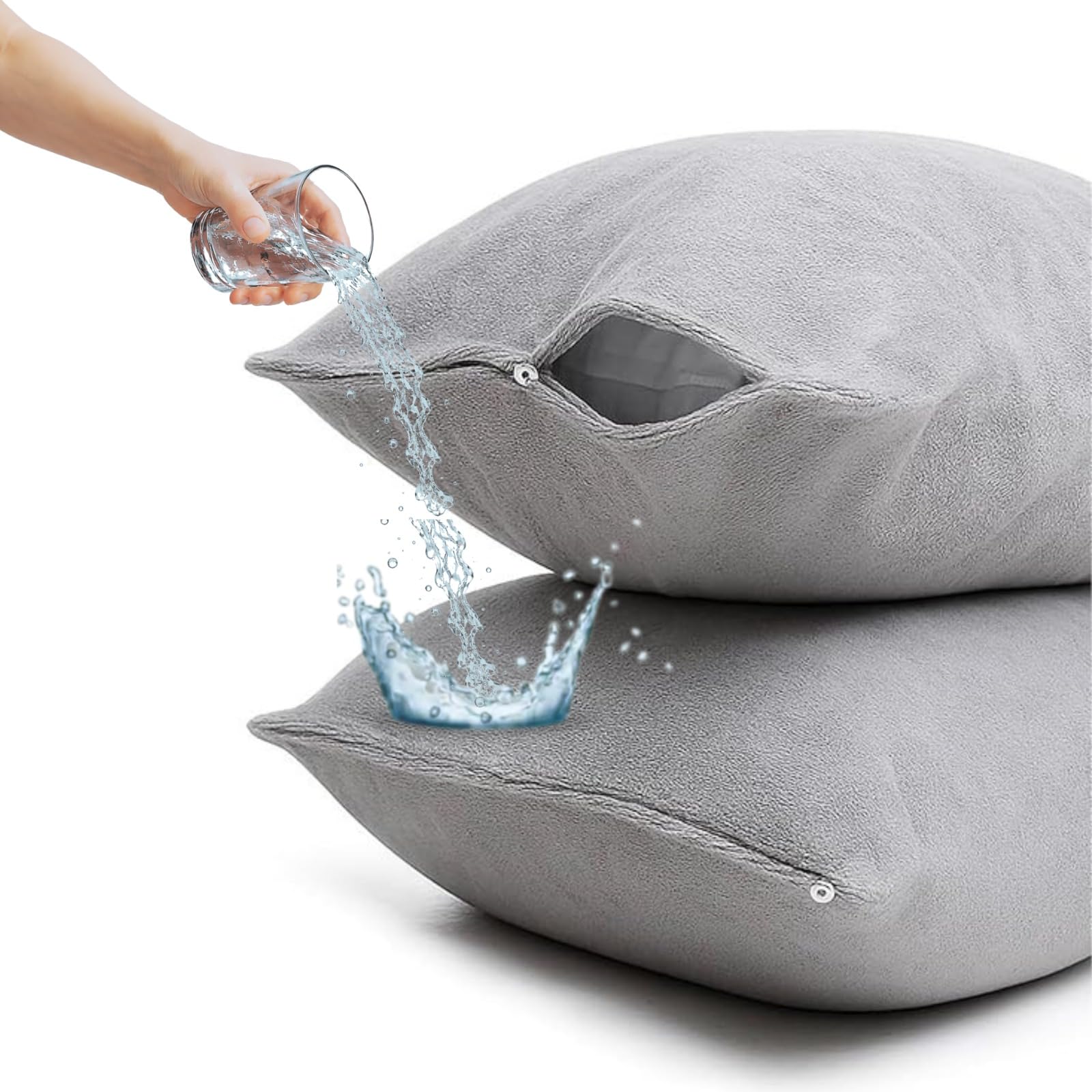 Waterproof Terry Cotton Pillow Protector Cover with Zippered Closure | 18X28 Inch Standard Size Pillow Cover, Set of 2 | Dustproof Bedding Pillowcase for Protection (Grey)-image-16