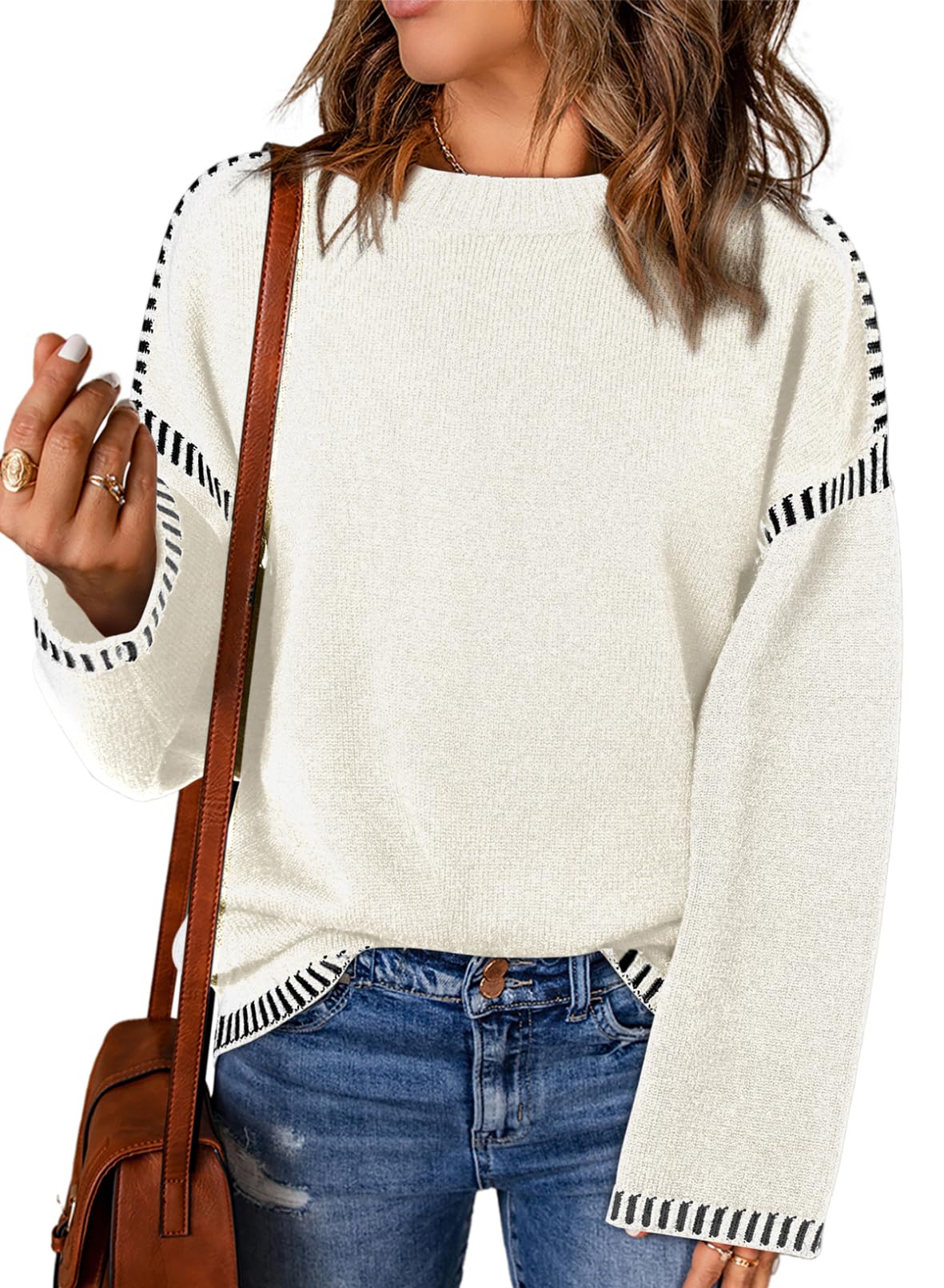 Dokotoo Sweaters for Women Fashion Solid Crewneck Loose Fit Long Sleeve Contrast Cable Knit Pullover Sweater Jumper Tops