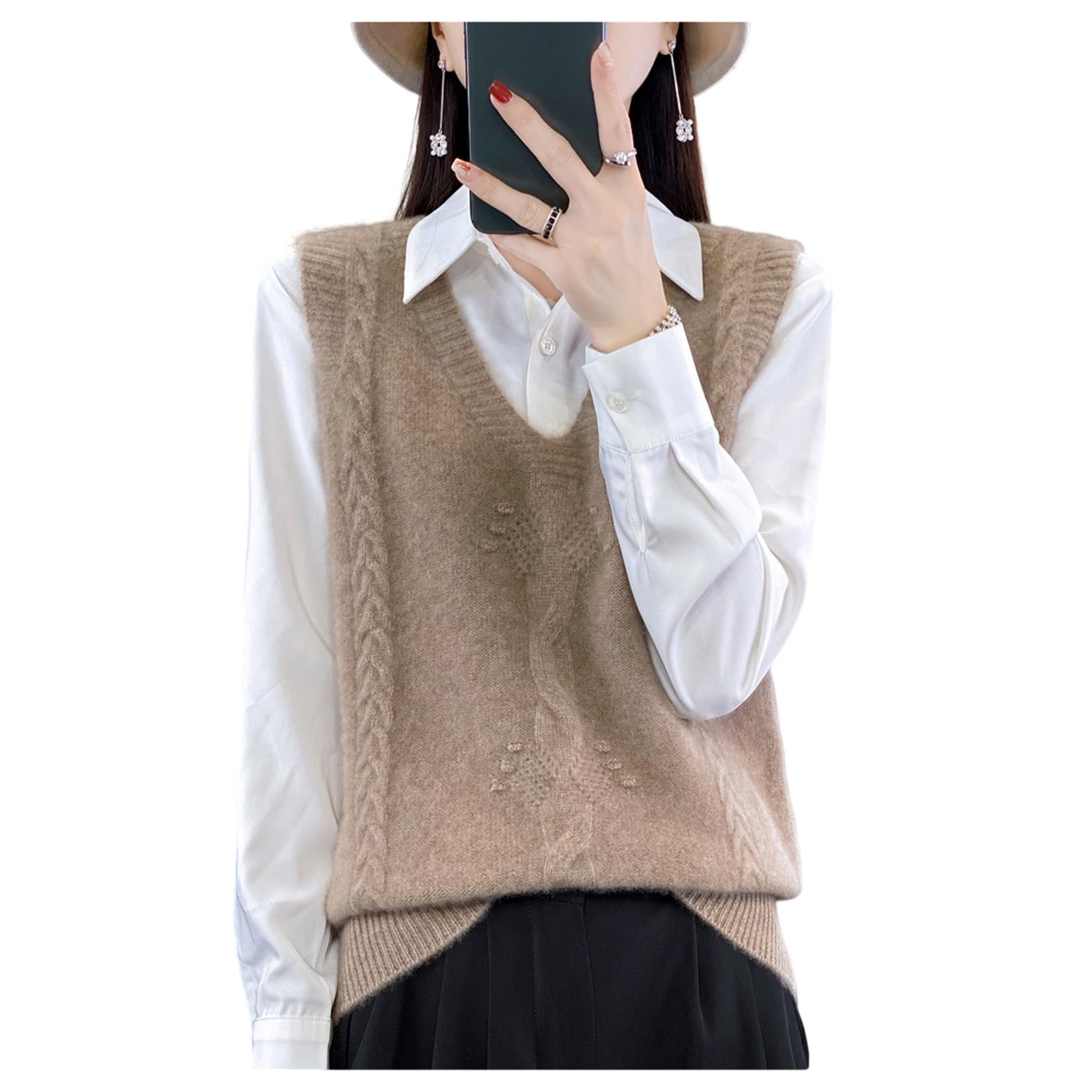 YonYeHong Verser De Pull pour Femmes V-Collier en Tricot Tricoté Jacquard Pulloir Pull sans Manches Lâches