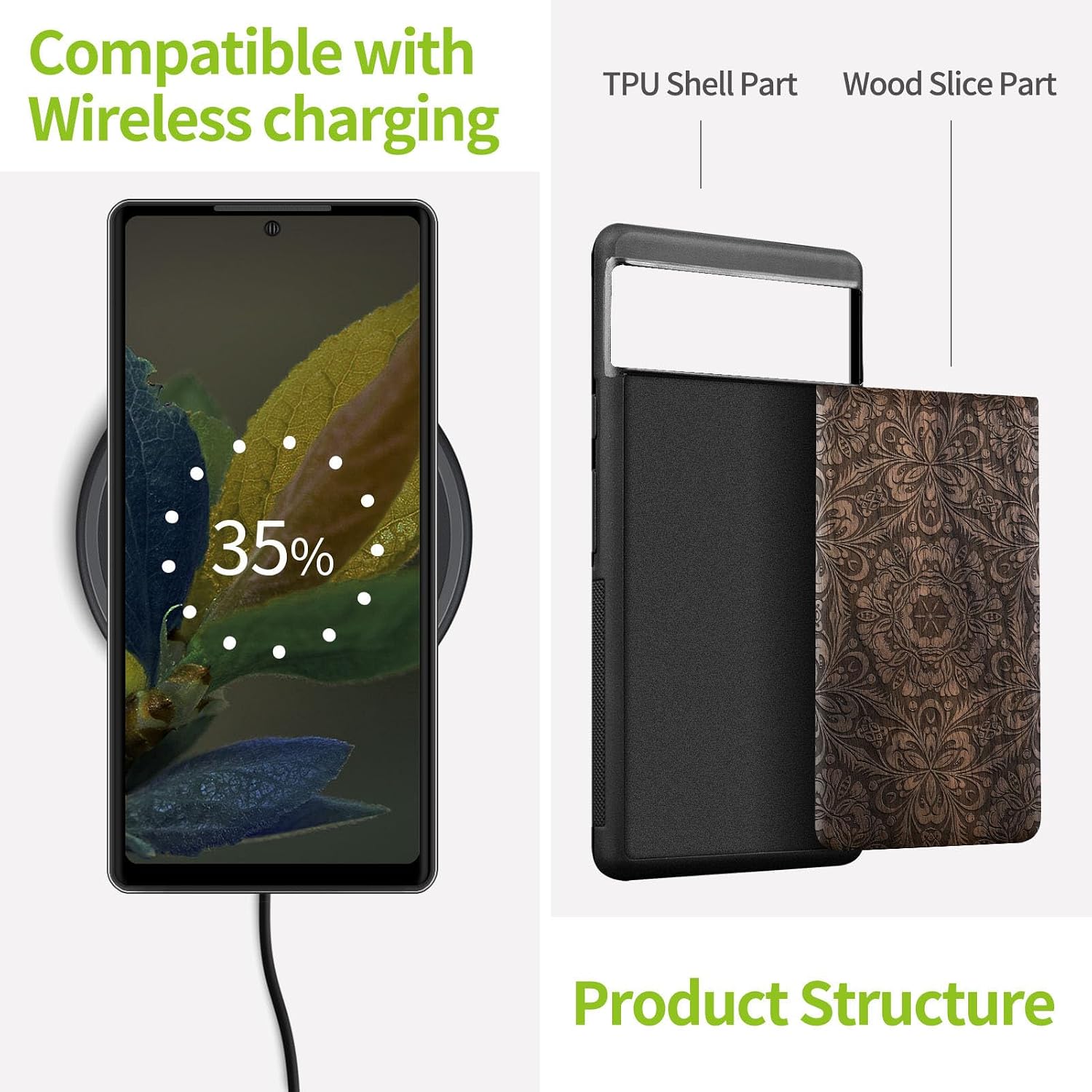 Carveit Wood Case for Pixel 8a Case [Natural Wood & Black Soft TPU] Shockproof Protective Unique Wooden Cover Compatible with Google Pixel 8a (Baroque Blossom-Walnut)