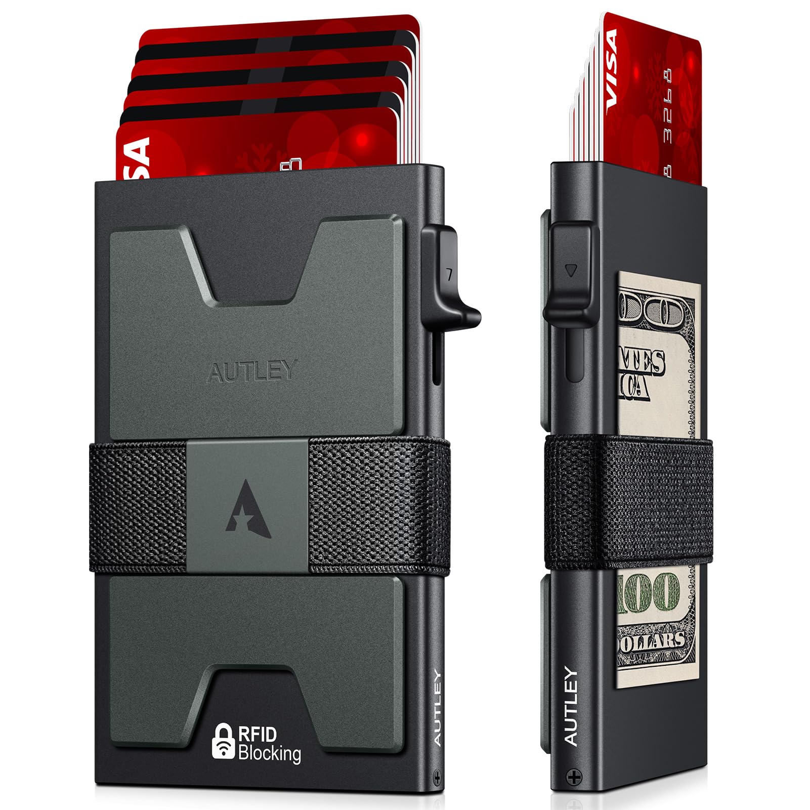 AUTLEYAUTLEY Slim Card Holder, Minimalist Pop Up Wallet for Men | RFID Blocking, Cash Band, 12+ Cards Storage (Black)