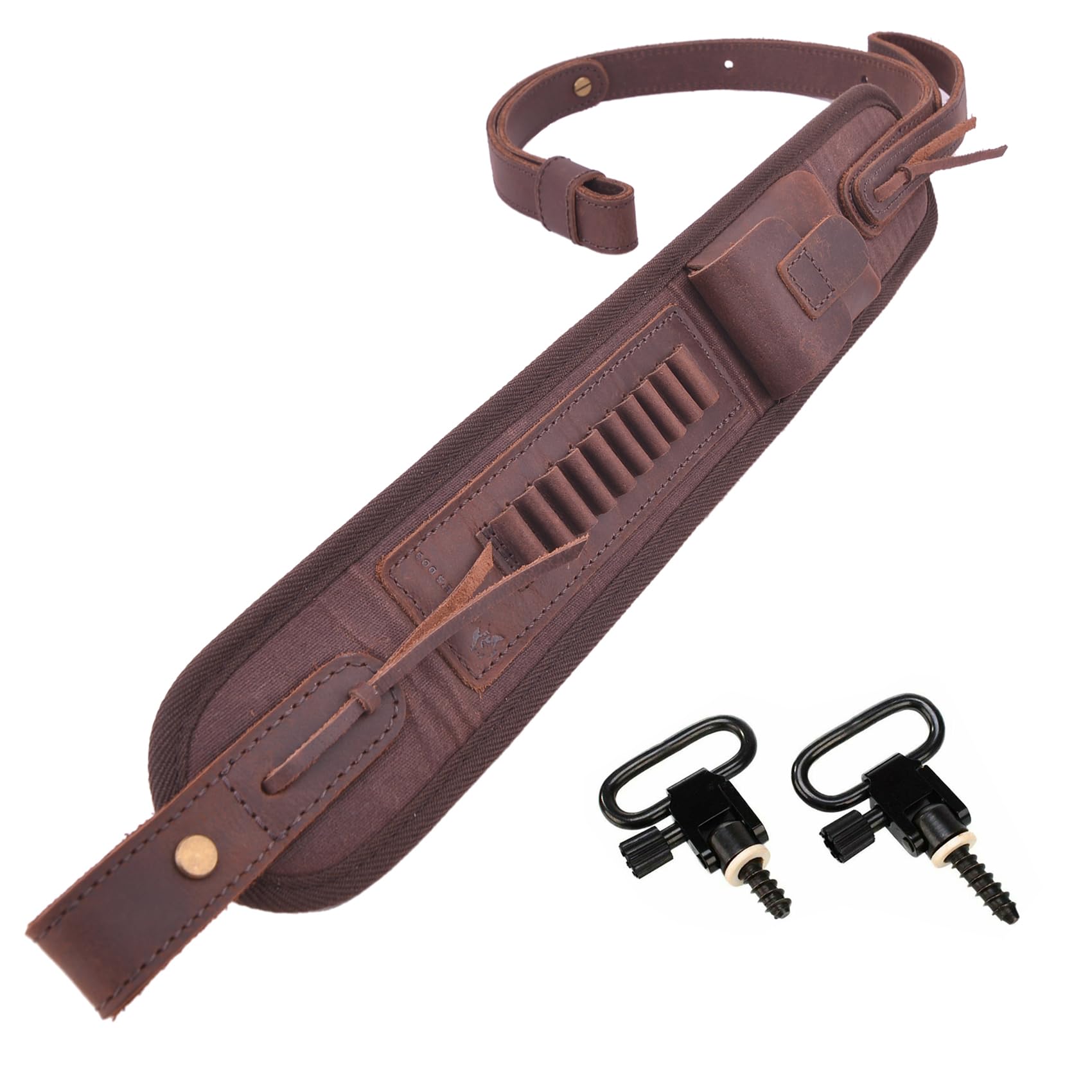 Leather Canvas Gun Sling Rifle Strap with Shell Holder for .22LR .22MAG .17HMR (Coffee with Swivels)
