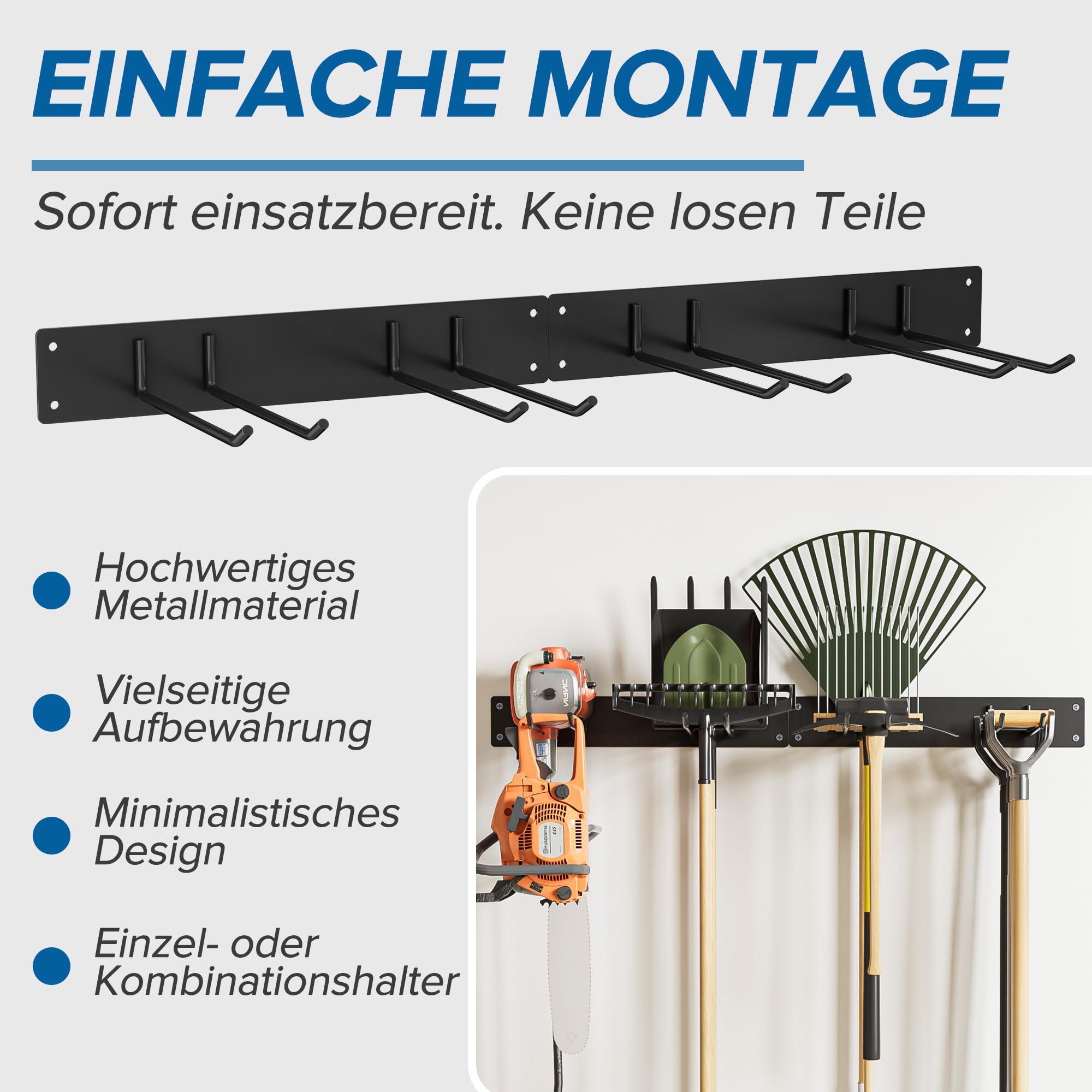 Urban Deco Metall-Gartengerätehalter, Gerätehalter Wandhalterung 150kg Tragkraft mit 4 Doppelhaken & 2 Paneele – Aufhängung für Gartenwerkzeug in Garage, Garten, Keller (Schwarz)