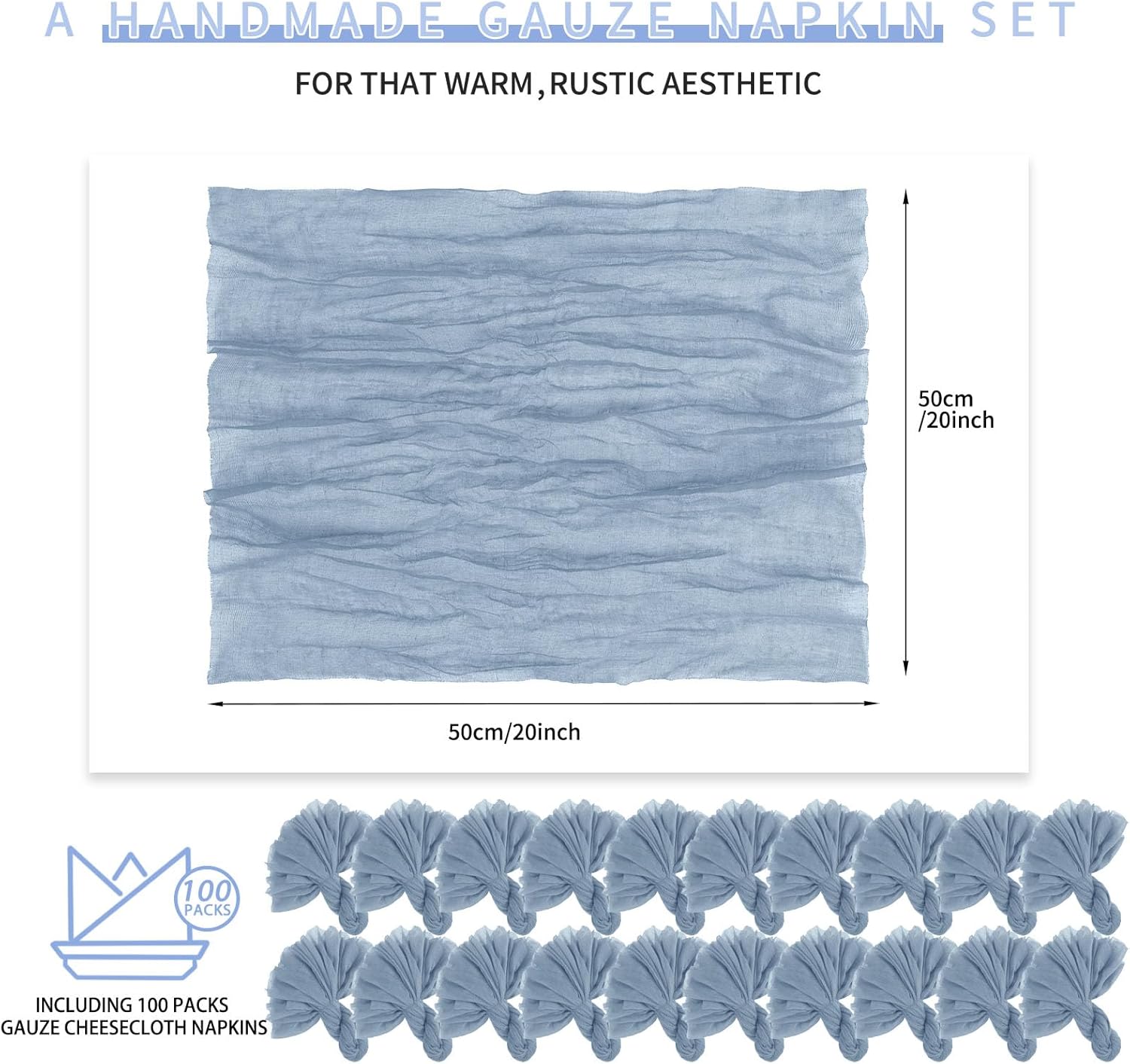 Teruntrue 100 Pack Dusty Blue Cloth Napkins Cheesecloth Napkins Set of 100 Gauze Napkins Bulk Washable Boho Dinner Table Napkins Wedding Party Baby Shower Birthday Party Decorations，20 x 20 Inch