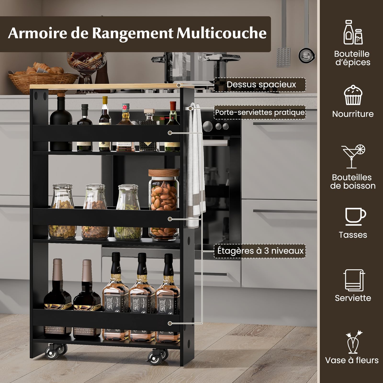 GOPLUS Chariot à roulettes de Cuisine à 4 Niveaux, 47 x 13 x 80 CM, Chariot de Rangement avec 4 roulettes Silencieuses, Poignée Latérale, Plaques de Protection (Noir+Naturel, 13CM(P)|sans Prise)