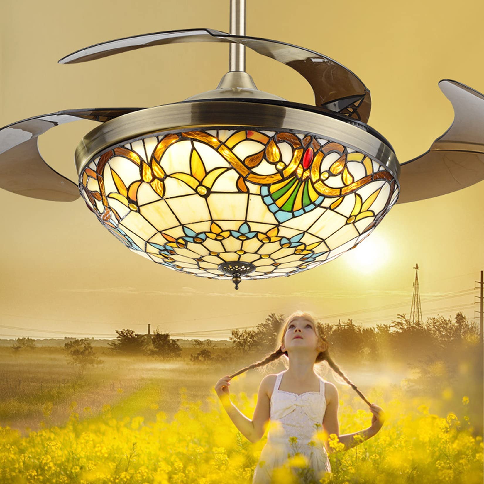 Ventilateur de plafond LED dimmable rétractable style Tiffany marron 42" avec télécommande