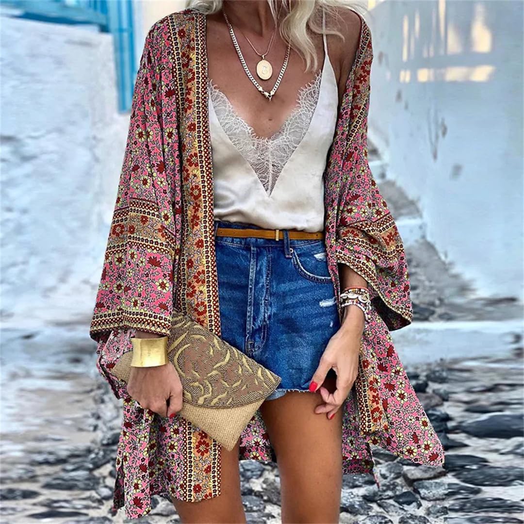 Cardigan d'été pour femme, vintage, imprimé bohème, manches longues, kimono