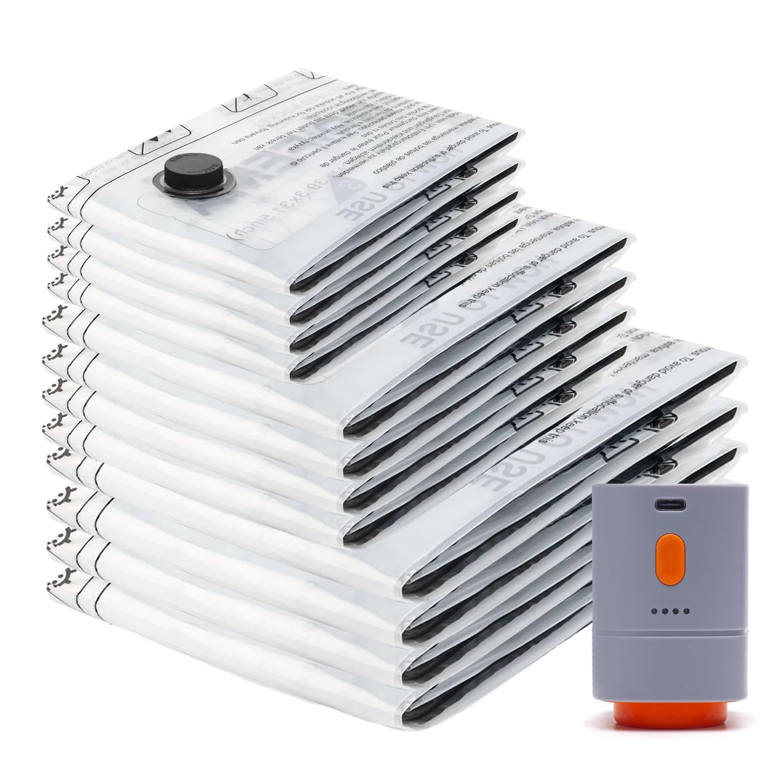 Sacchi Sottovuoto con Pompa Senza Fili - Set da 12 Pezzi (4x40x50cm, 4x50x70cm, 4x60x80cm) Riutilizzabili per Abiti, Viaggio e Conservazione, Include Pompa Elettrica Ricaricabile