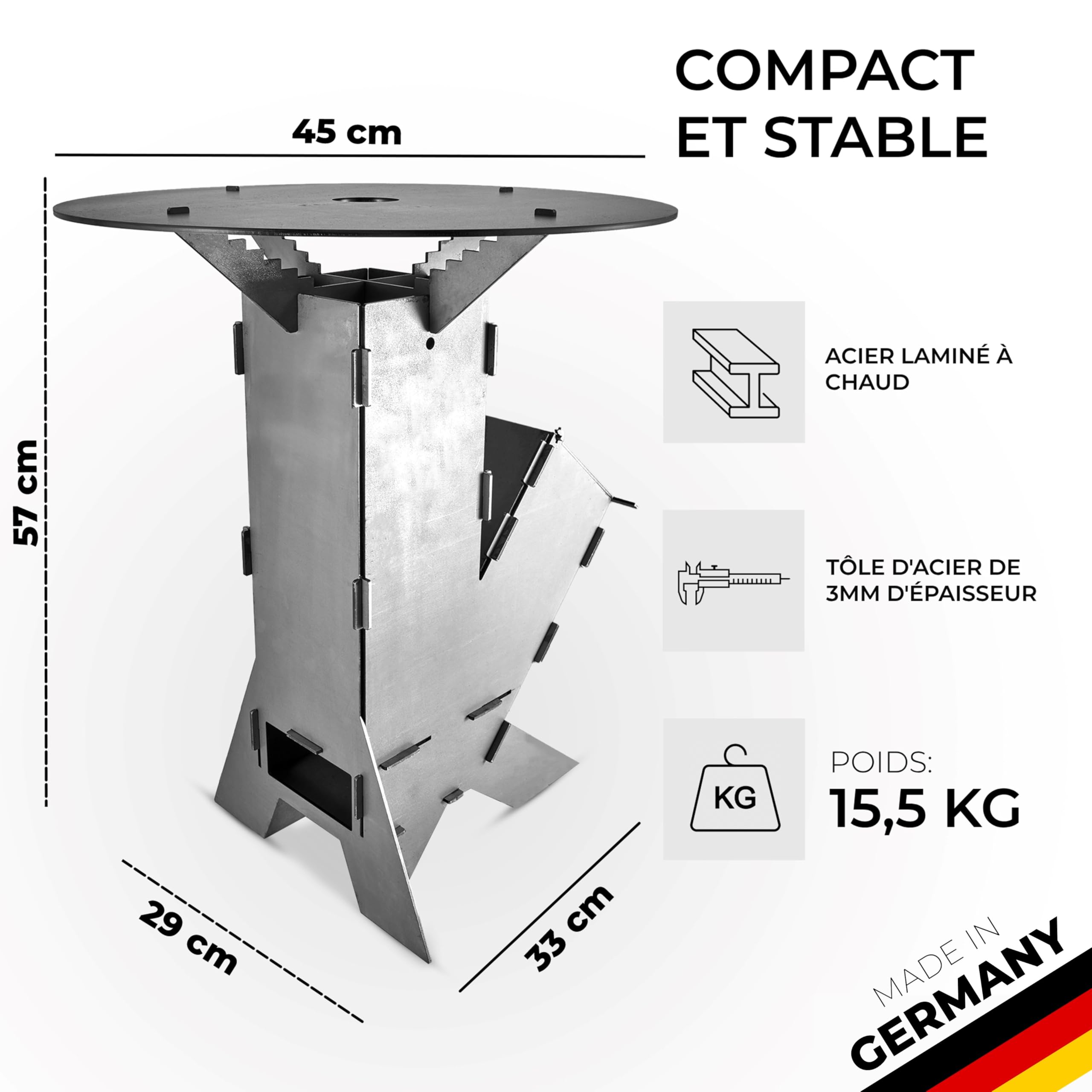 GRAFT Rocket Stove avec plaque de cuisson Système de branchement Rocket Stove en acier massif de 3 mm d'épaisseur | brasero | poêle à granulés | poêle à bois | réchaud de camping | poêle à bois