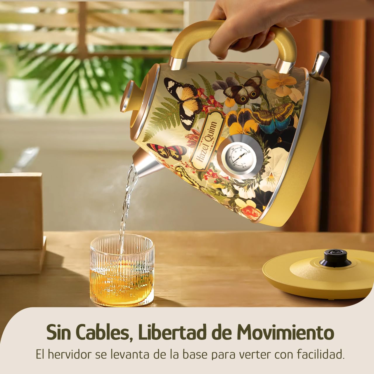 Hazel Quinn Hervidor Eléctrico con Termómetro, 1.7 L Sin Cable de Acero Inoxidable, Libre de BPA, Base 360°, Apagado Automático y Protección contra Hervido Seco, Diseño Retro