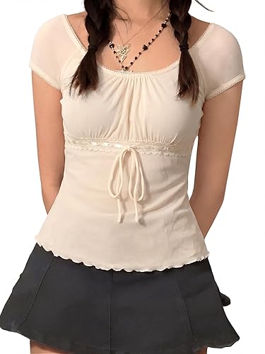 Y2K Mesh Top Women Babydoll Short Sleeve Shirt Scoop Neck