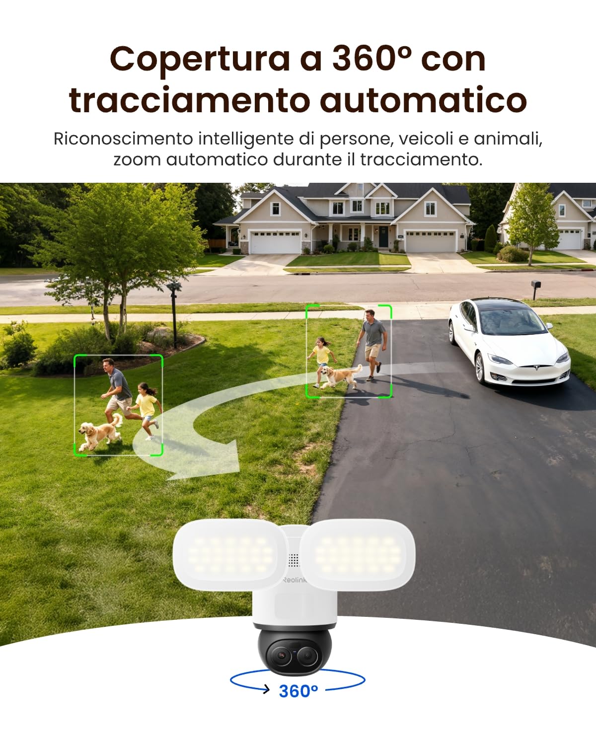Reolink 4K PTZ Telecamera Wi-Fi Esterno a Doppio Obiettivo, Zoom Ibrido 6x | Auto-tracking, 360°, 3000 Lumen, Wi-Fi 6, Rilevamento Intelligente, AI Video Search Locale, TrackFlex Floodlight WiFi