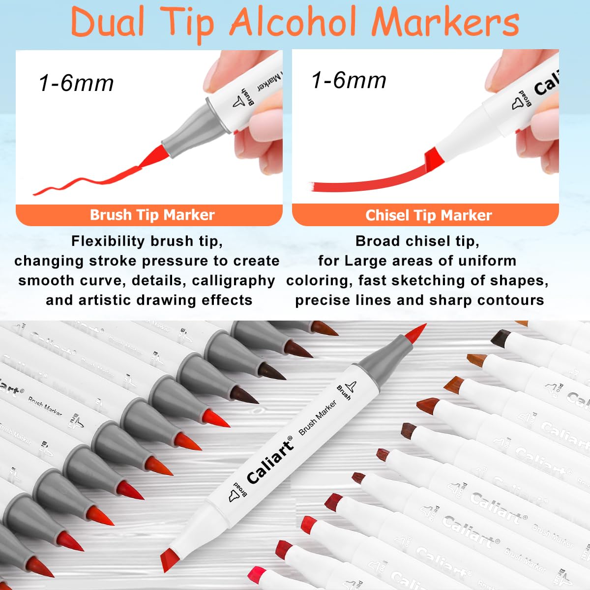 Caliart 121 Farbige Alkoholbasierte Dual-Tip (Pinsel & Meißel) Permanente Künstler Art Markers für Erwachsene und Kinder, Plus 1 Farbloser Alkohol-Marker Blender