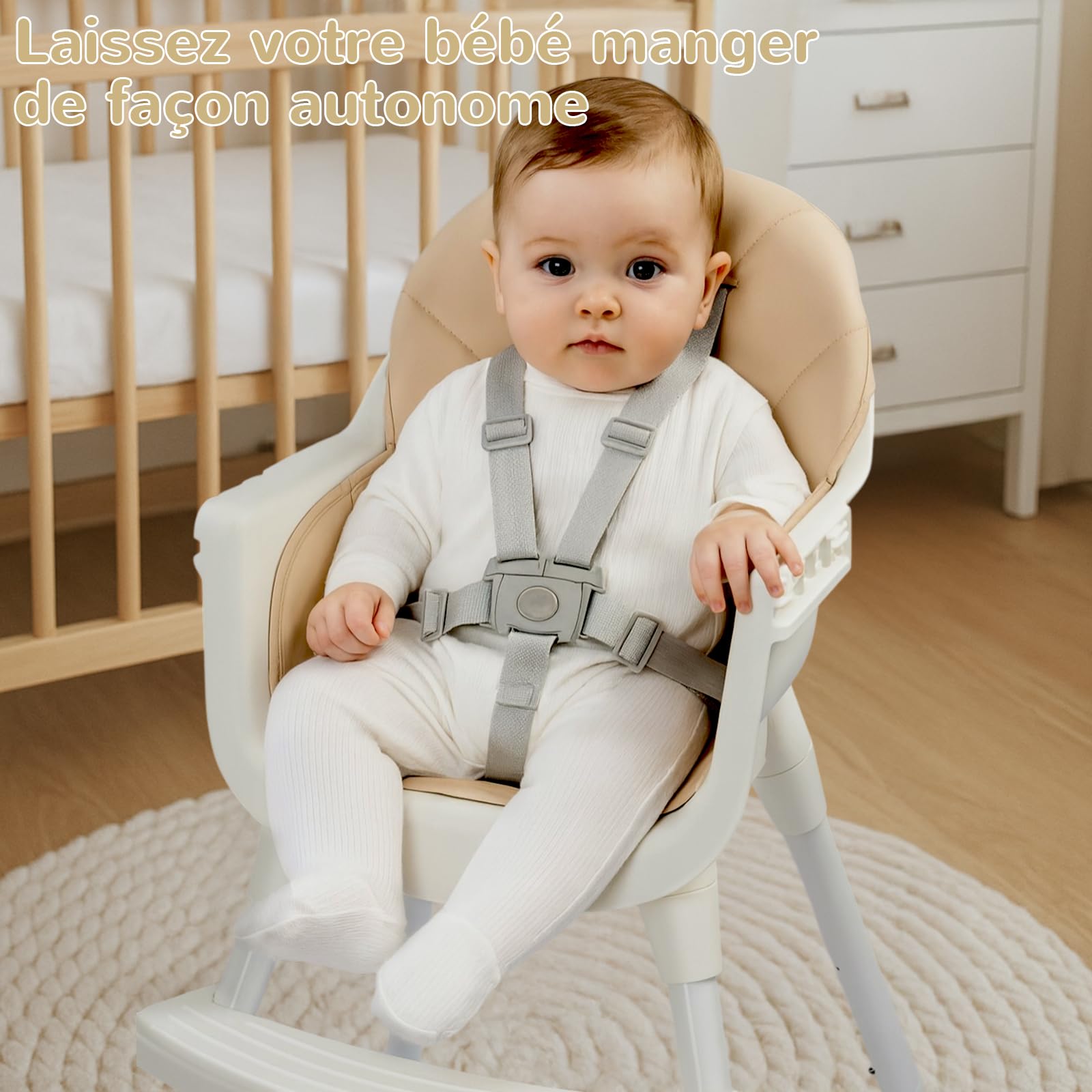 LEADZM 3 en 1 Chaise Haute Bébé, Tabouret bas Variable, Double Plateau Amovible, avec Ceinture de Sécurité à 5 Points, Charge Maximale 15 kg, Convient aux Bébés de 6 à 36 Mois (Beige)