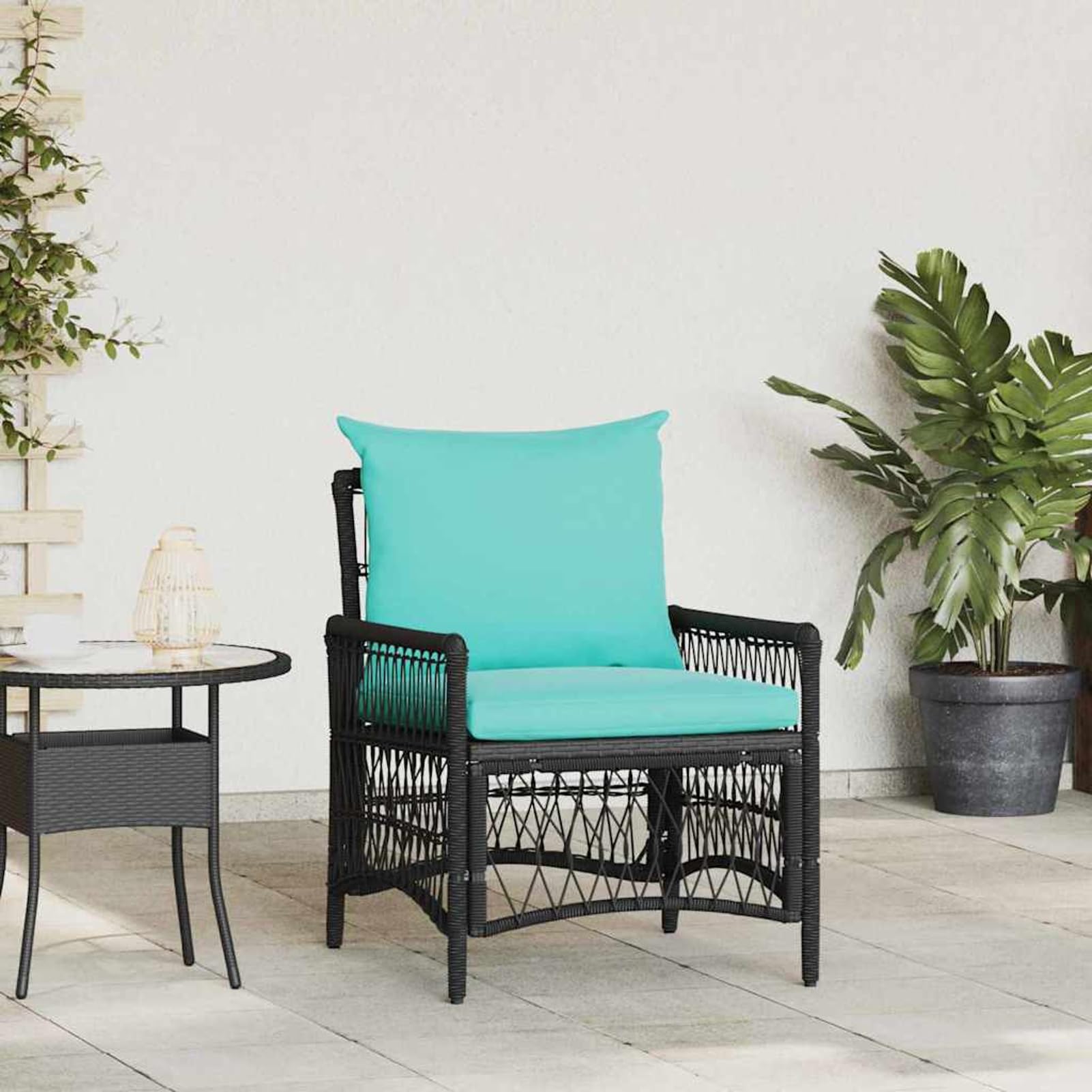 Chaise de jardin extérieur en rotin synthétique noir empilable avec coussin