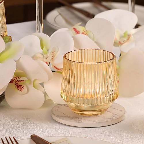 Miniatura 2 de 12 portavelas votivas grandes de oro, votivas doradas acanaladas de 3.15 x 3.15 pulgadas, portavelas doradas para decoración de mesa de boda,