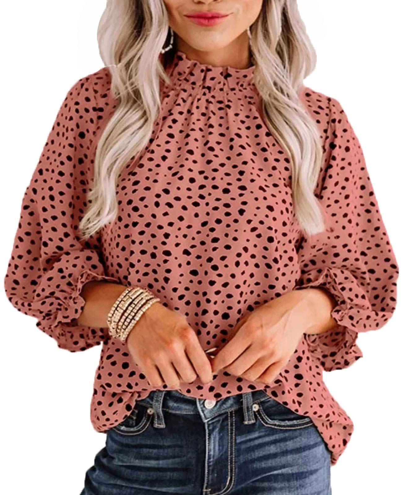 AvanovaWomen Polka Dot Long Sleeve Blouse Shirts Work Mock Neck Ruffle Top
