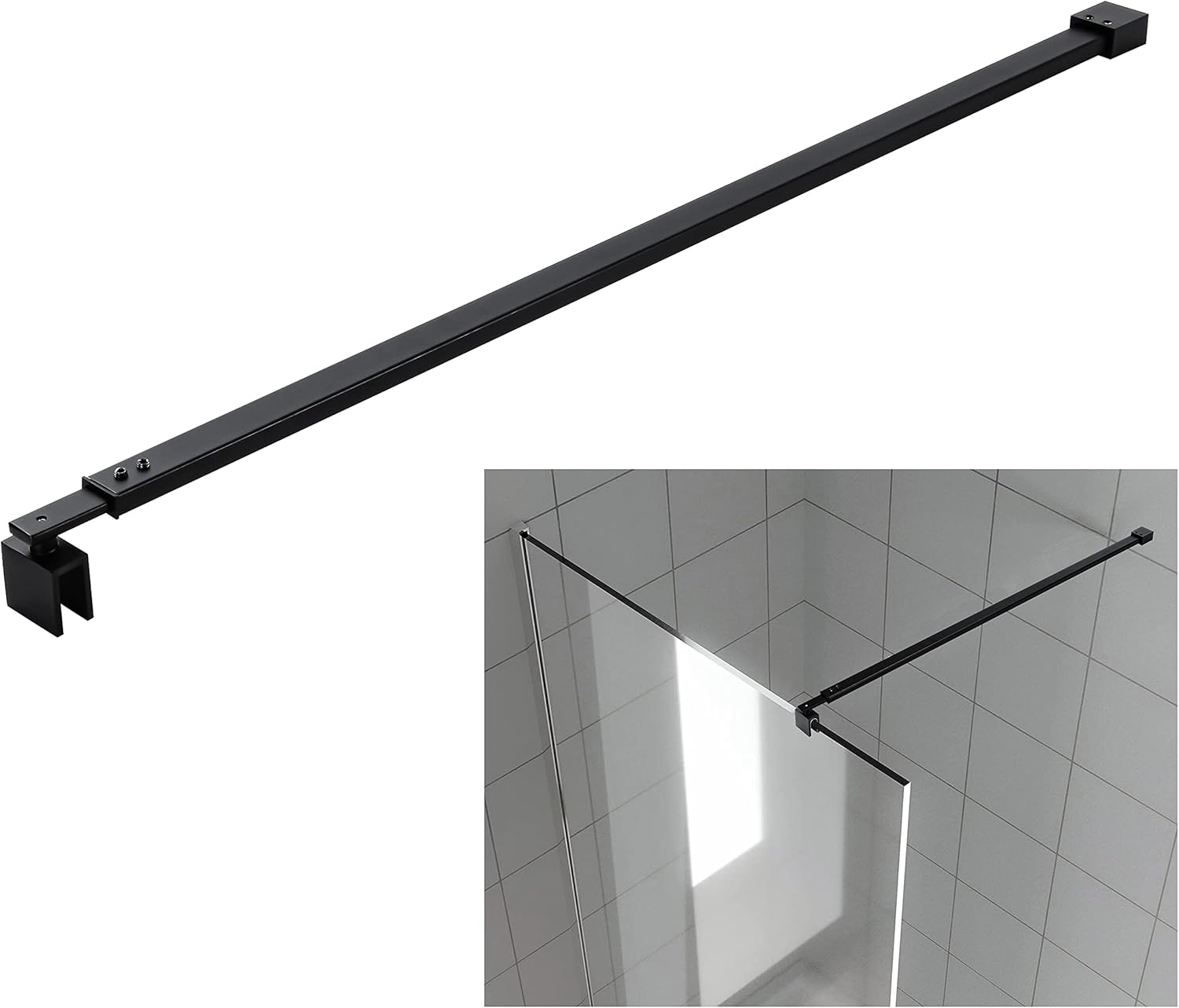 Matte Black Stainless Steel Wall-to-Glass Bathroom Shower Support Bar Arm for 5/16" 3/8" Thick Glass Door, 47 Inch Fixed Supporting Rod for Frameless Glass Panel