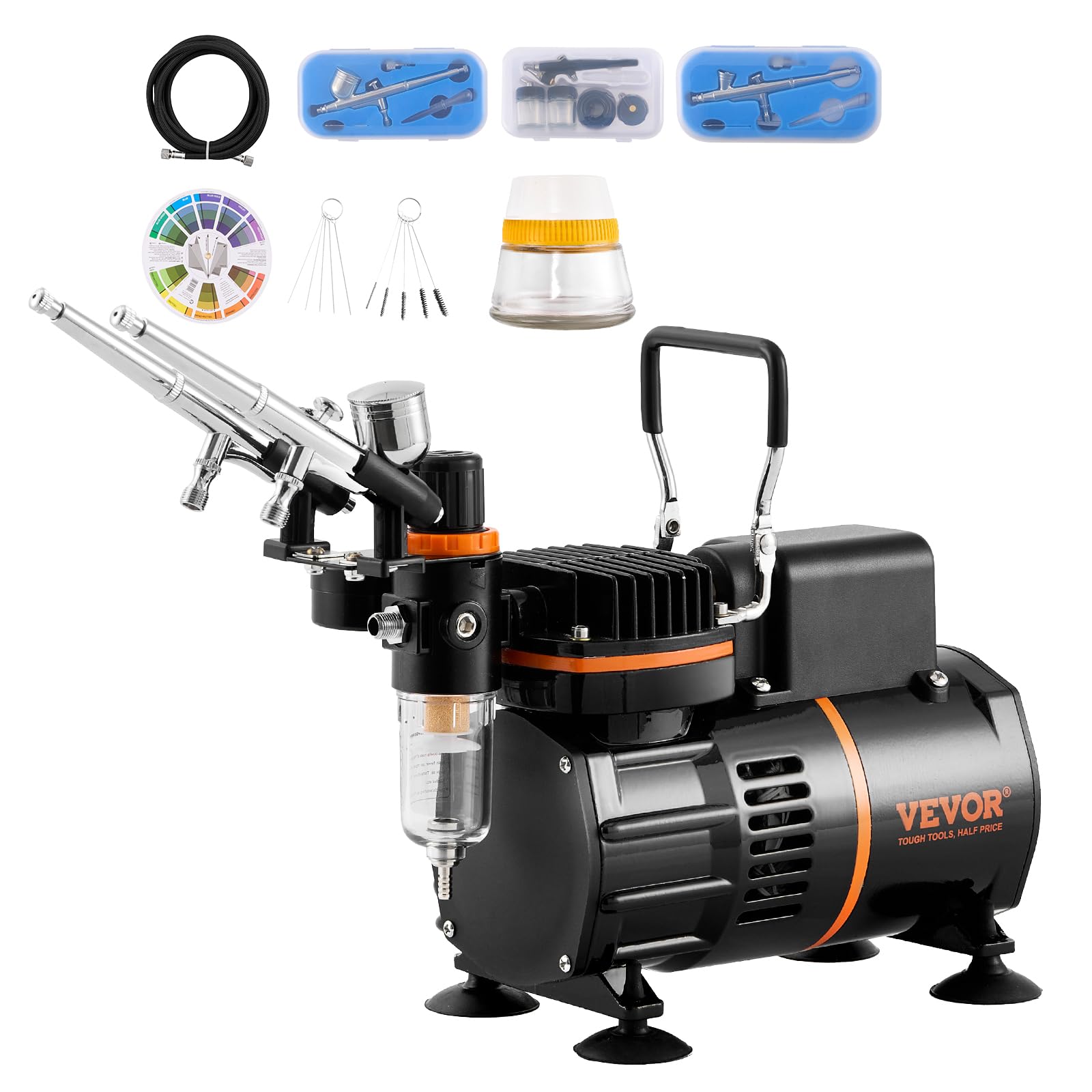 VEVOR Kit de Aerógrafo Compresor de Aire de Doble Ventilador Sistema de Aerógrafo Profesional con 3 Pistolas Soporte Rueda de Mezcla de Colores para Decoración de Uñas, Cocina, Maquillaje