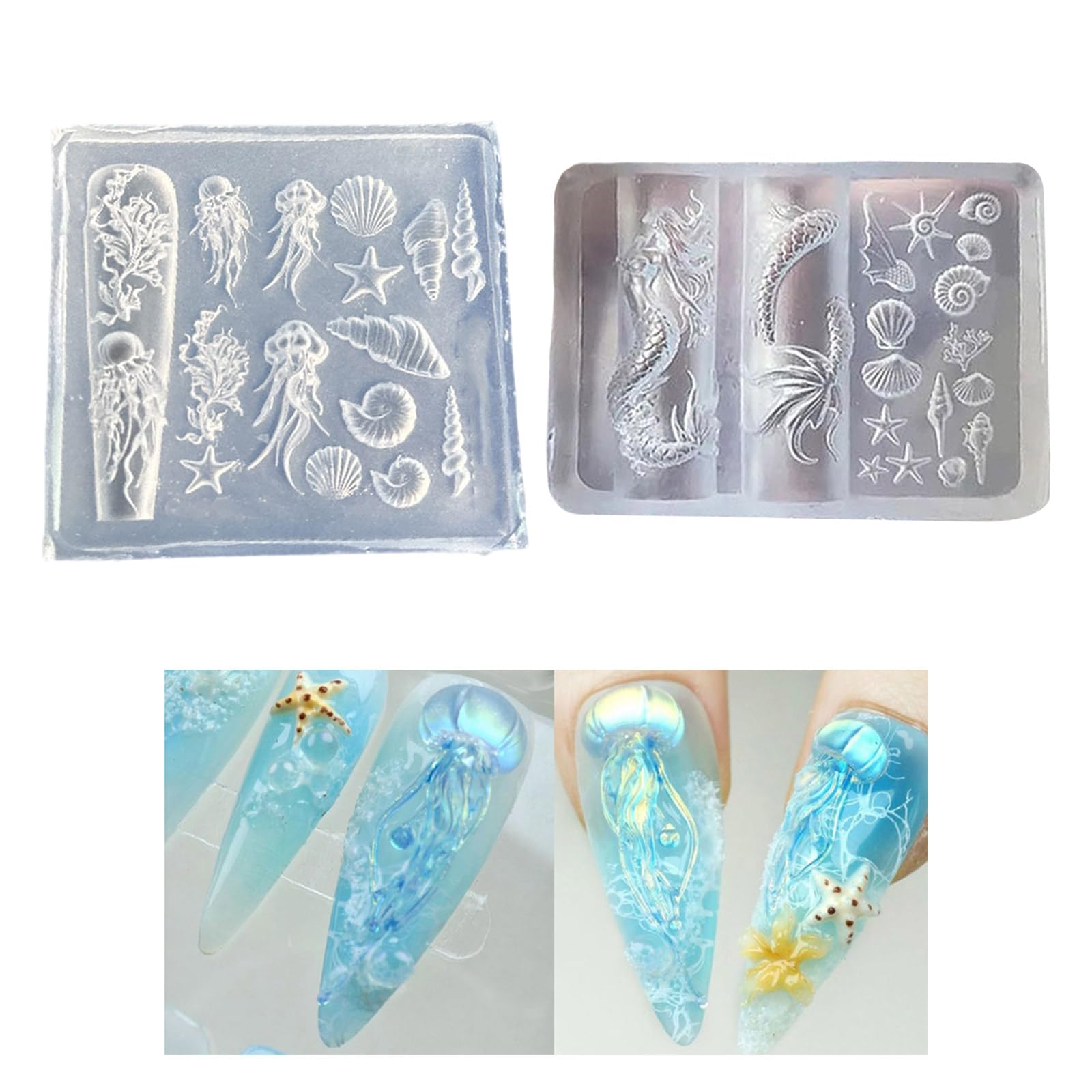 Lot de 2 décorations en silicone sur le thème de l'océanique avec des sculptures détaillées de créature marine pour ongles en silicone de qualité alimentaire