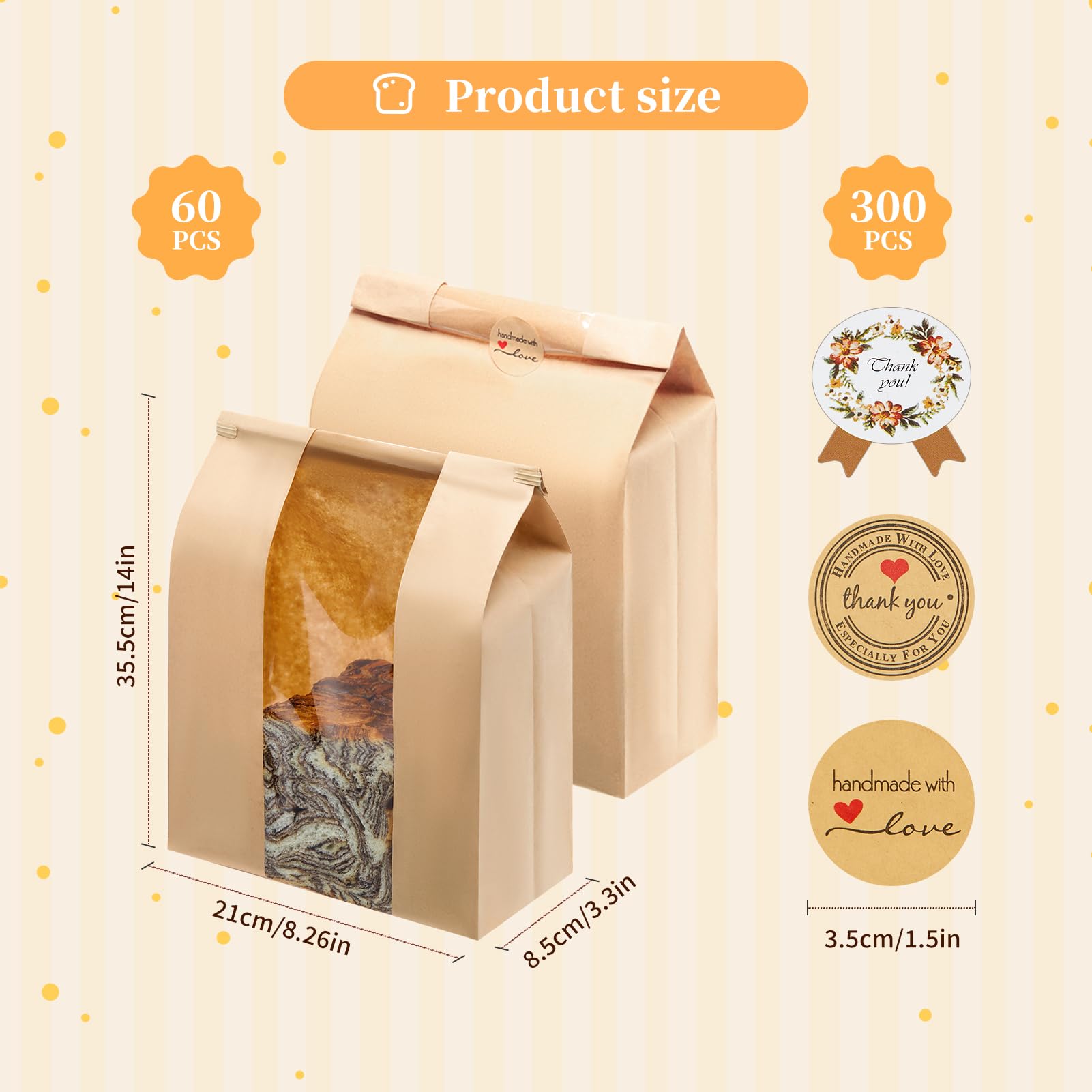 Paquete de 60 bolsas grandes de papel kraft para pan con cierre de pestaña de estaño, para bolsas de pan caseras de 14 x 8.3 x 3.5 pulgadas, bolsas de pan de masa madre con ventana frontal